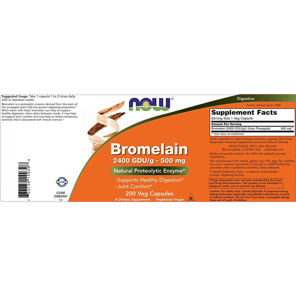 Now Bromelain 500 mg, 200 cápsulas vegetales - Piña natural, suplemento enzimático proteolítico, 2400 GDU