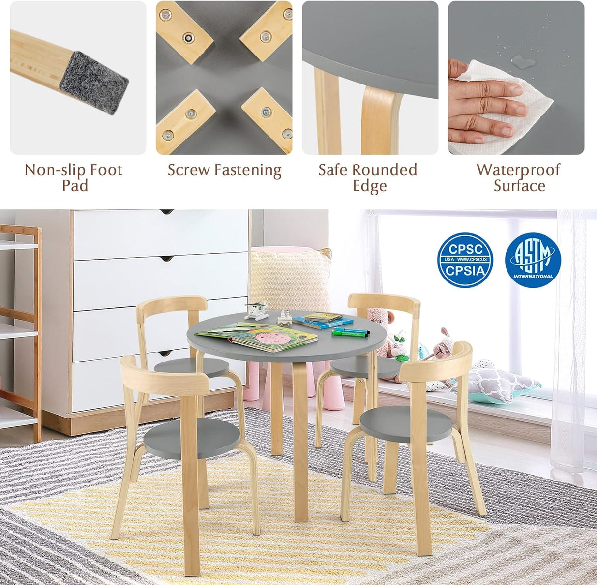 Mesa de actividades de madera de 5 piezas con 4 sillas