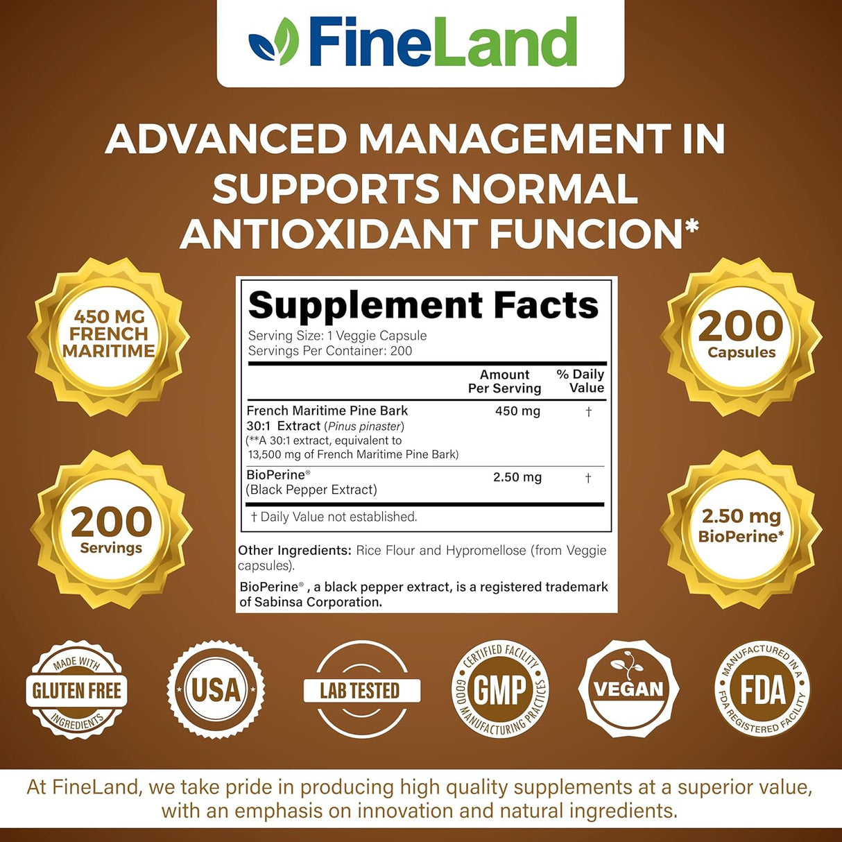 Extracto de Corteza de Pino Francés FineLand 450 mg 200 Caps