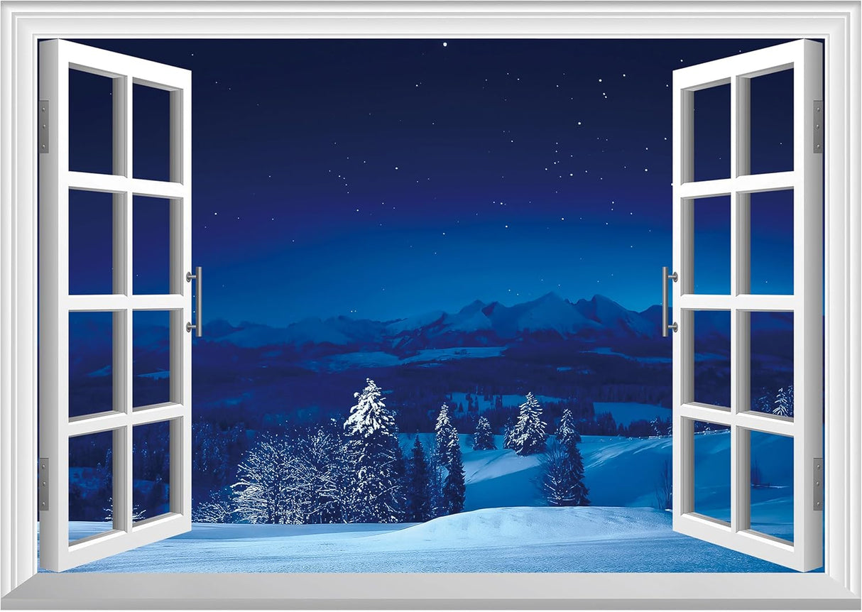 Adhesivo de pared falso para ventana, escena nevada de noche