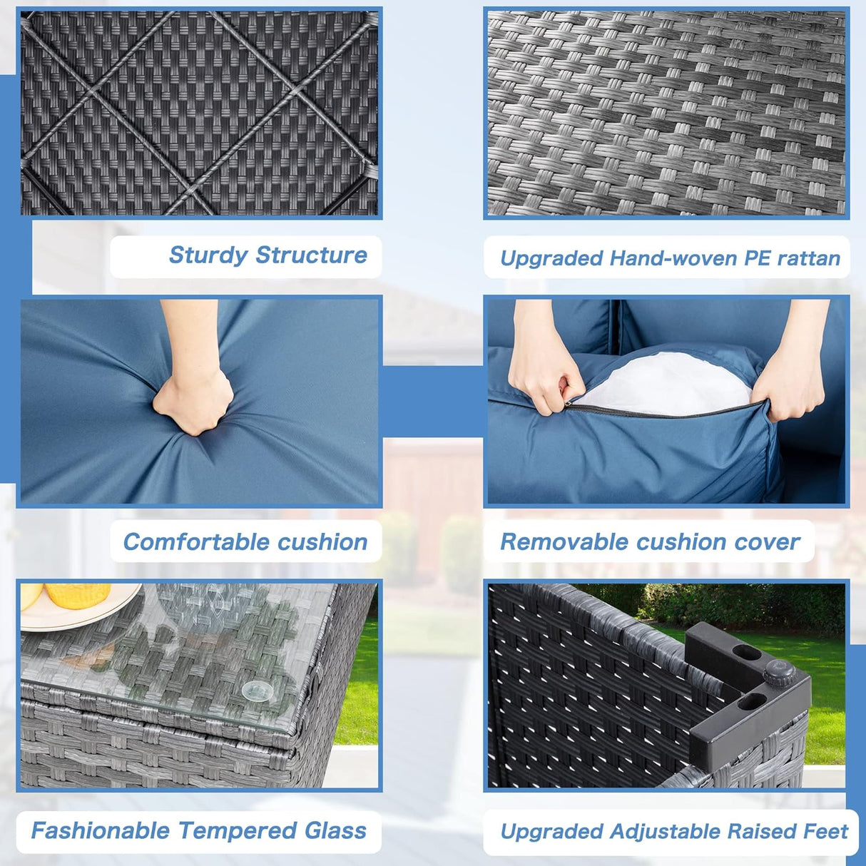 Shintenchi Sofá modular de 5 piezas para patio al aire libre, juegos de muebles de mimbre de polietileno gris plateado con cojines lavables y mesa auxiliar de cristal para jardín, piscina, patio trasero (azul egeo)