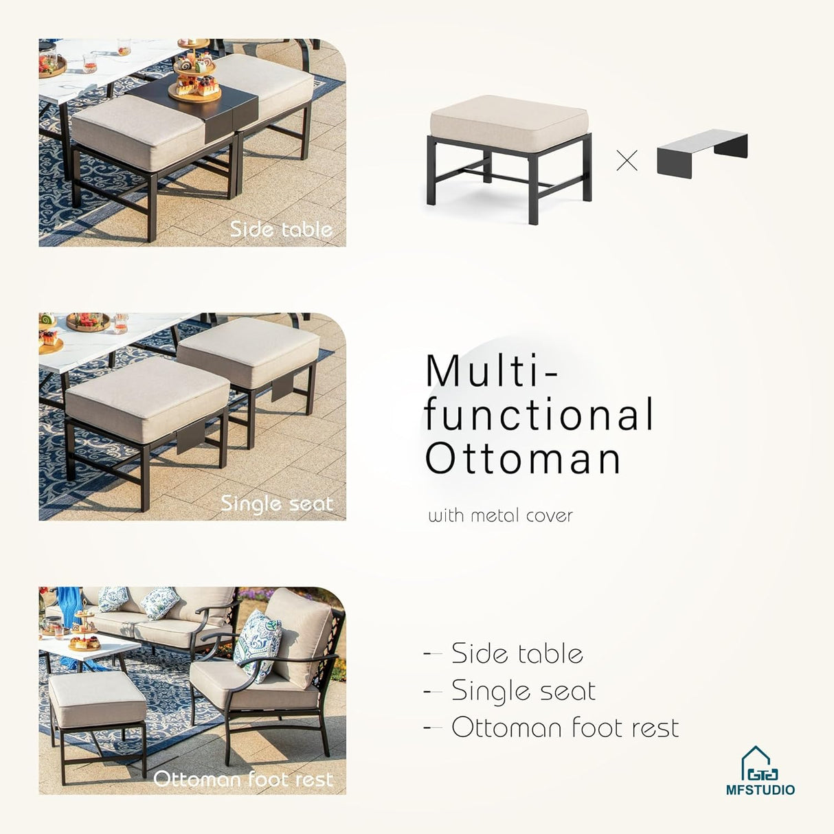 MFSTUDIO Juego de muebles de patio de 6 piezas con mesa de fogata de gas de 45 pulgadas (hasta 7 asientos), sofás de conversación de metal para exteriores con 1 sofá de 3 asientos, 2 sillas mecedoras y 2 otomanas