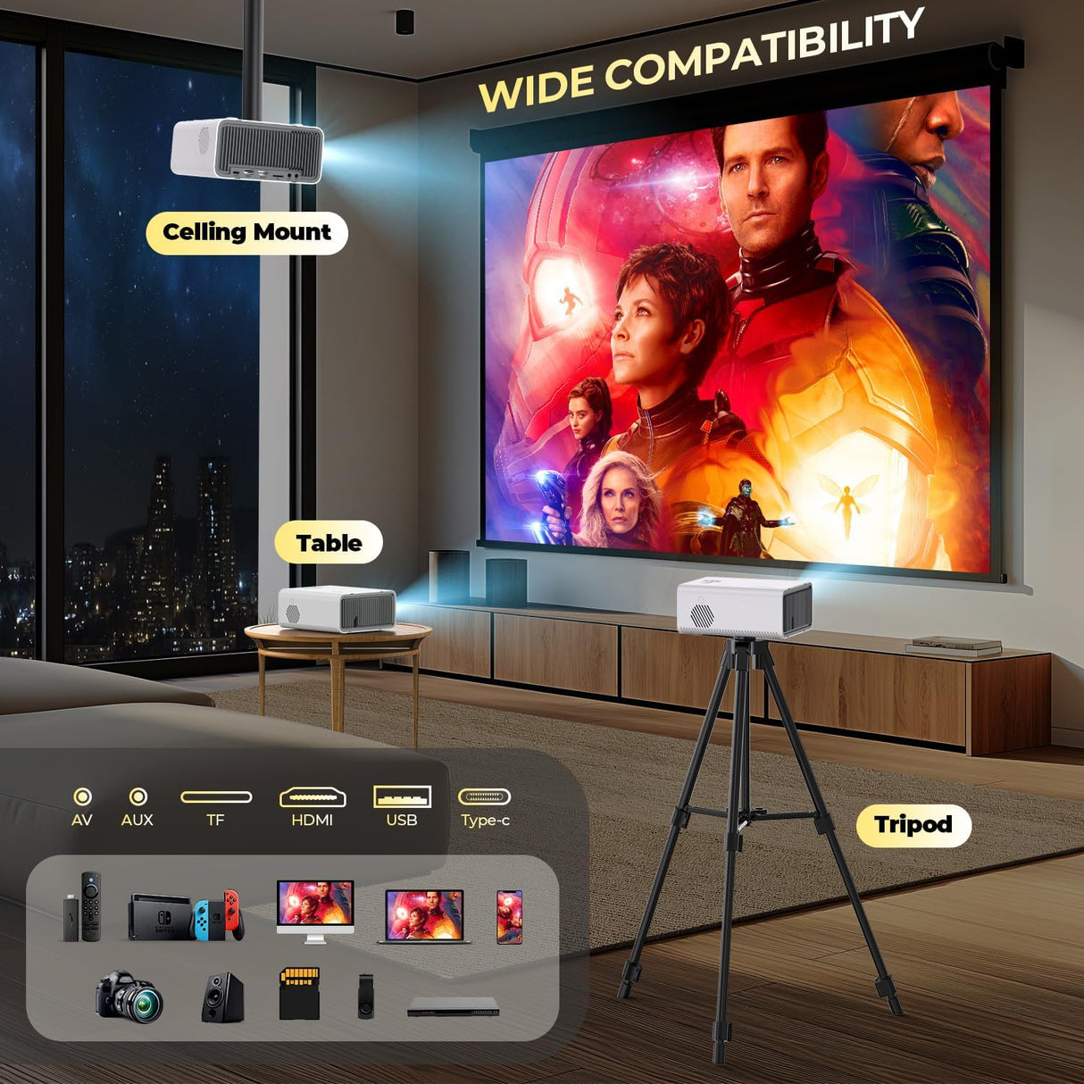 Proyector Mini YUZINO Full HD 1080P, WiFi, Bluetooth, 2024