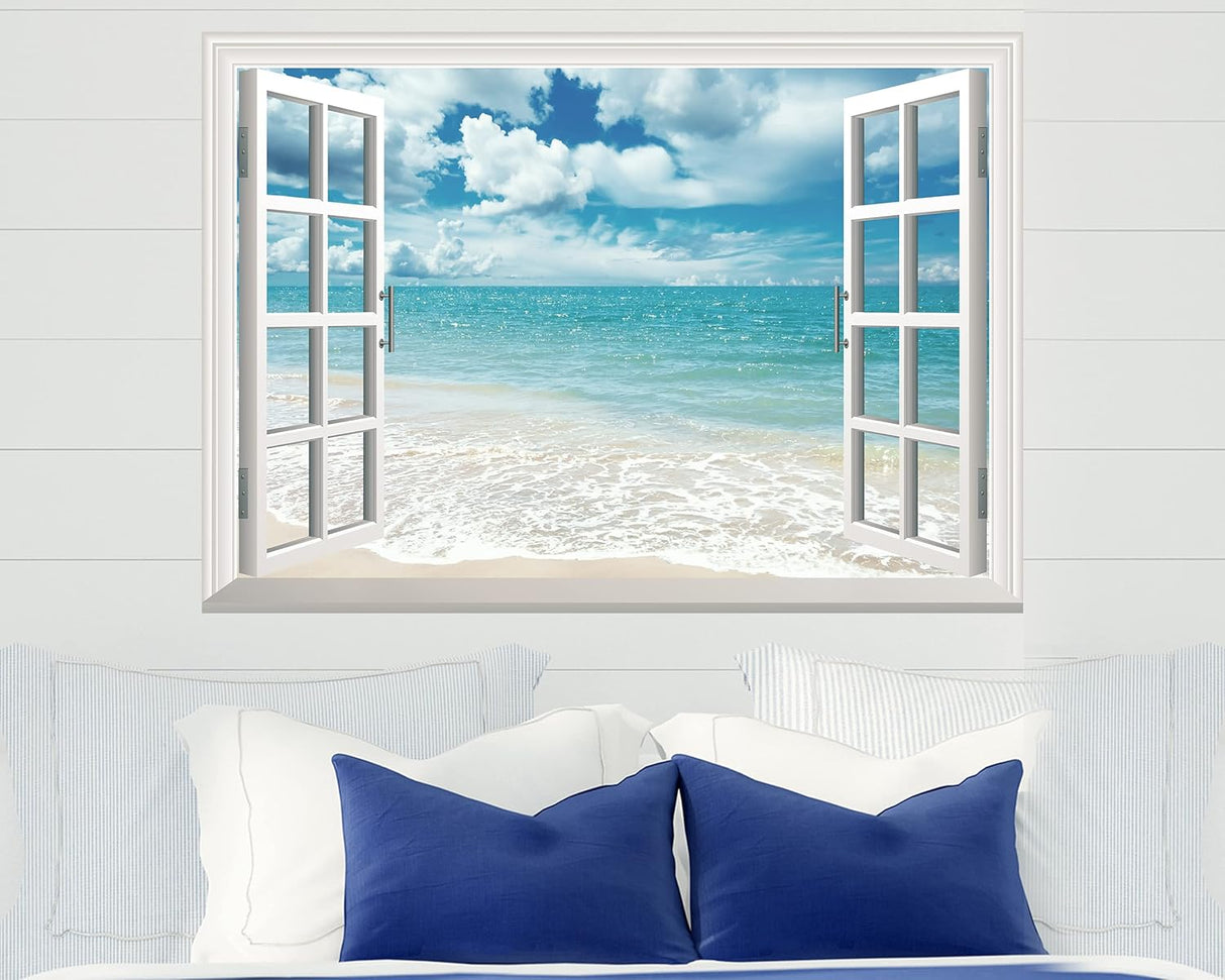 Adhesivo de pared falso para ventana, mural playa de verano para decoración de pared, calcomanías de pared para pegar y despegar, 16 x 24 pulgadas