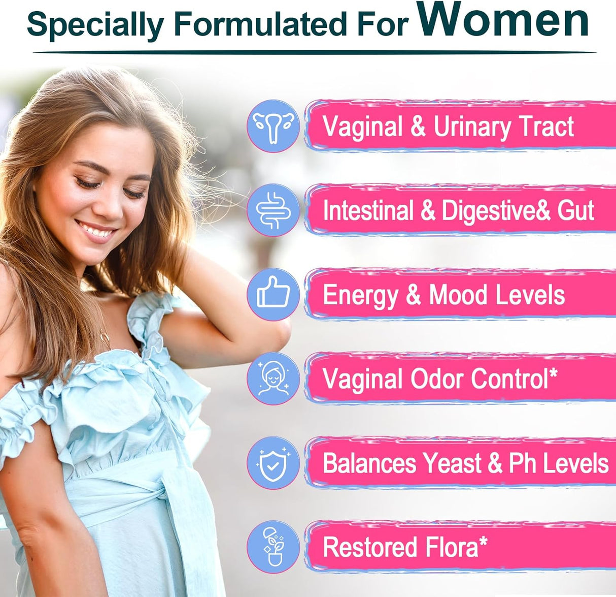 Probiótico vaginal mujer, 70B CFUs, equilibrio pH, prebiotico, D-Mannosa, 60 caps