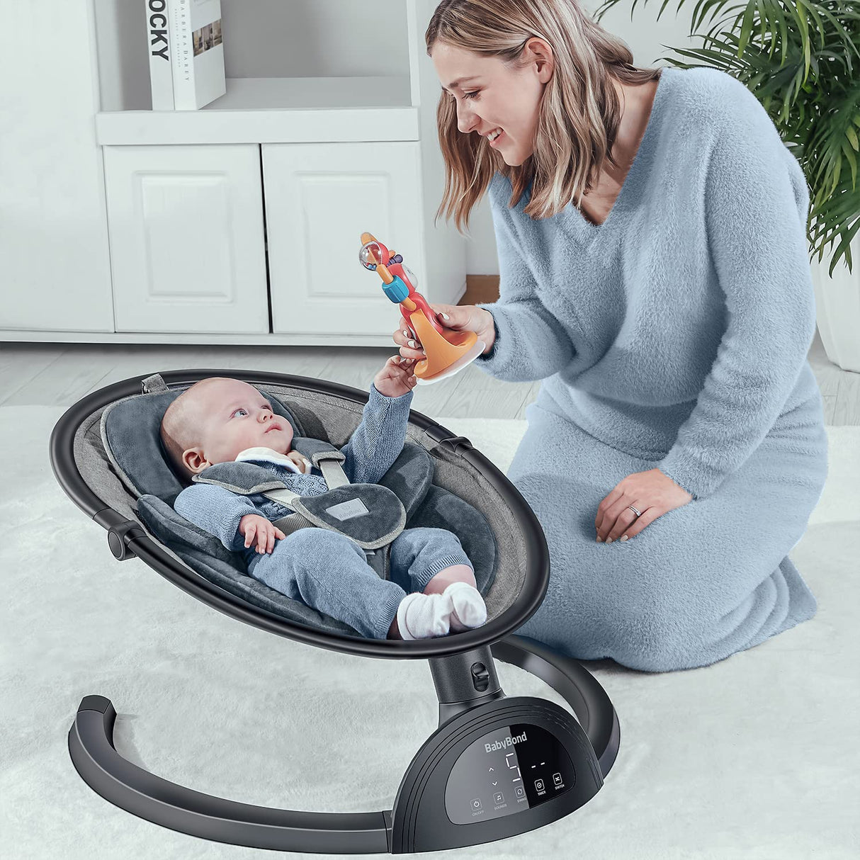 BabyBond Columpios de bebé para bebés, columpio infantil Bluetooth con altavoz de música con 3 posiciones de asiento, cinturón de arnés de 5 puntos, 5 velocidades y control remoto, columpio portátil