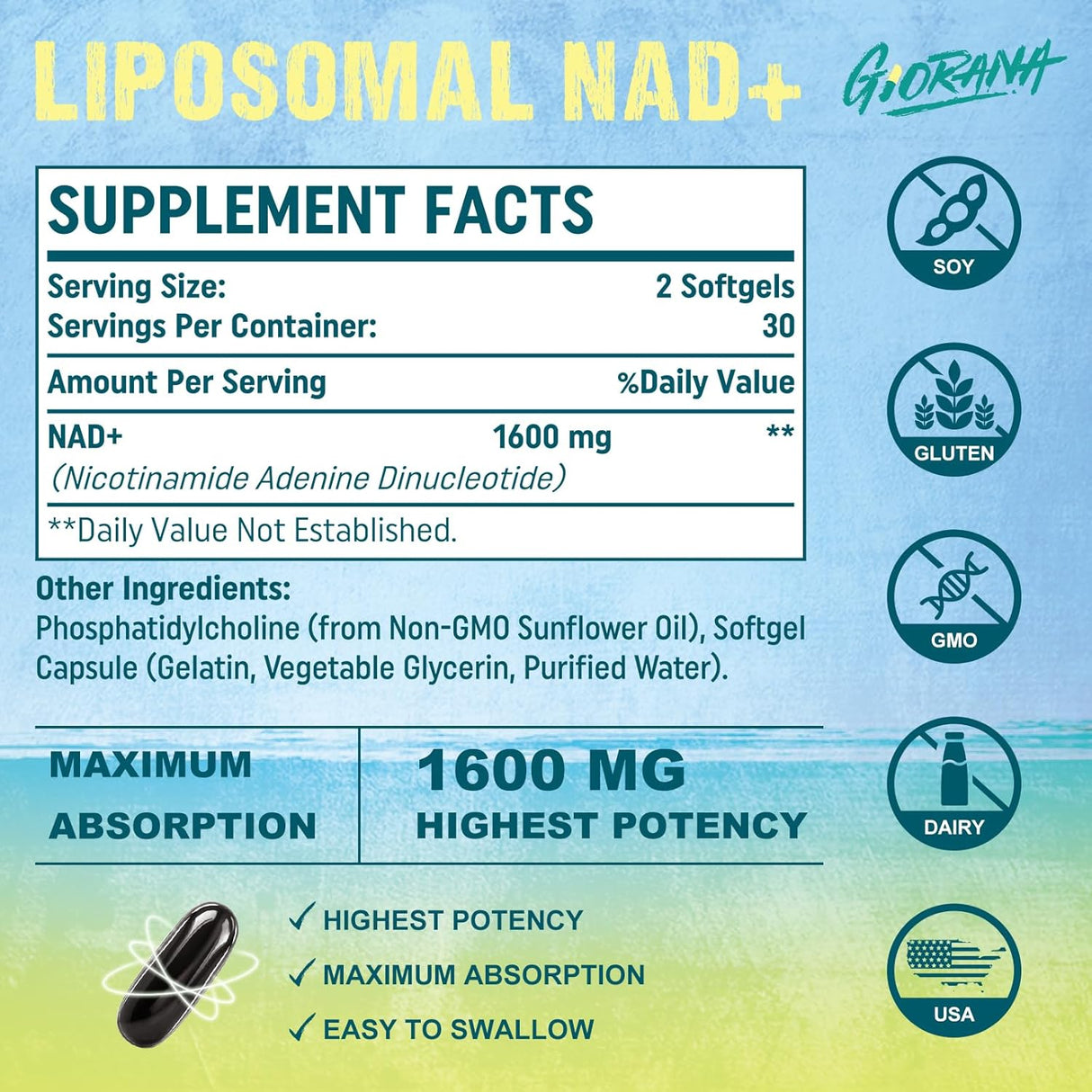 Suplemento liposomal NAD de 1600 mg potenciador de NAD