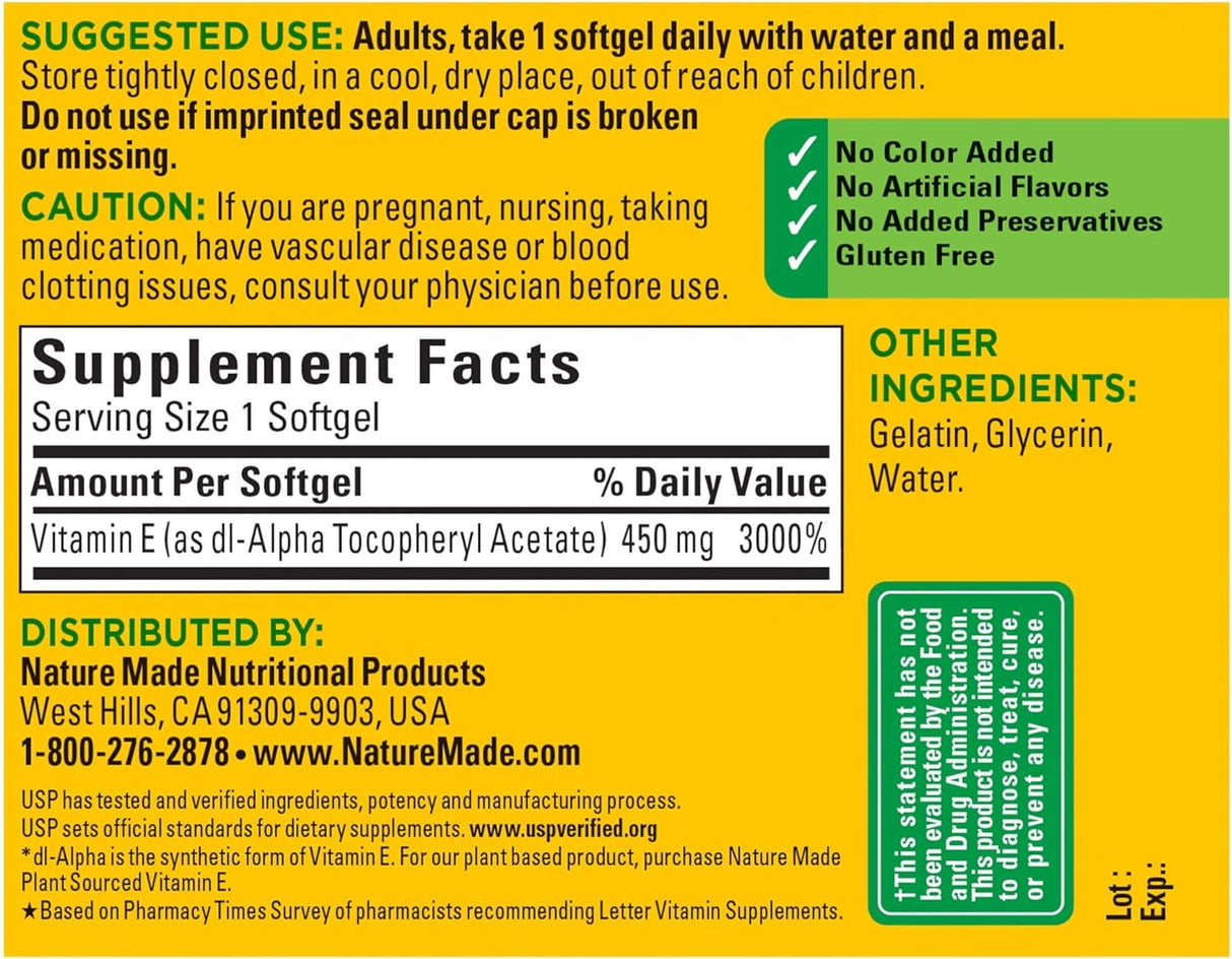 Suplemento Vitamina E 450 mg soporte antioxidante 60 und