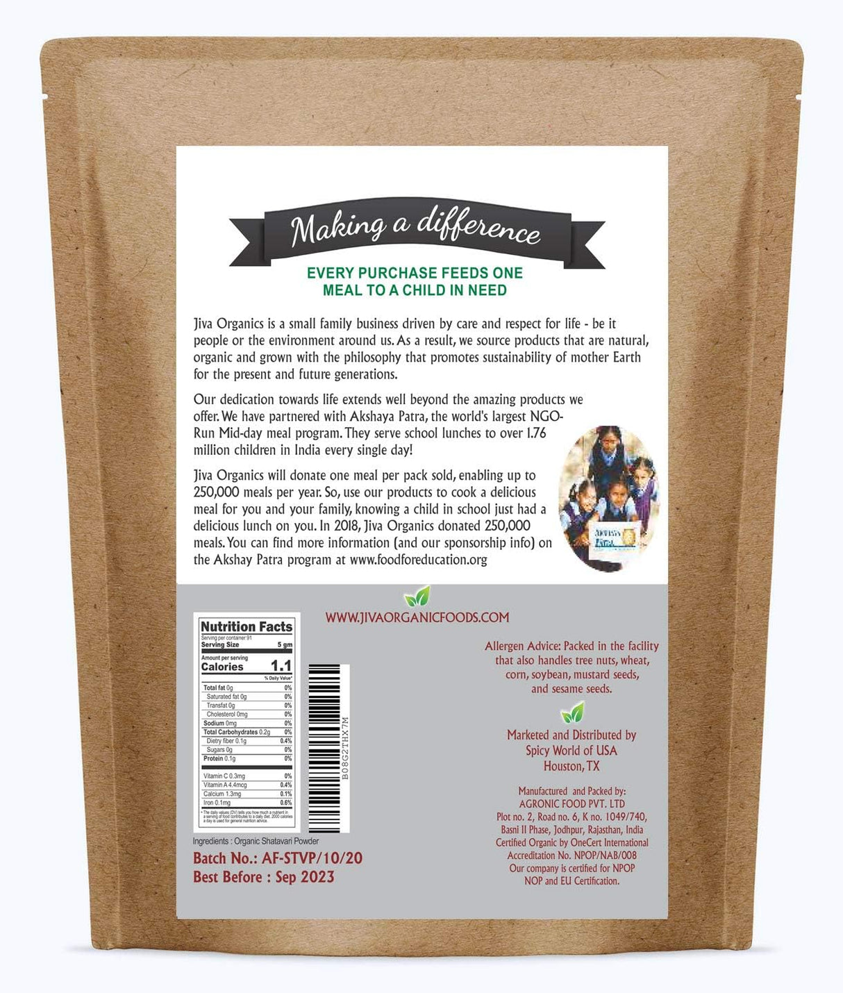 Jiva Organics Organic Shatavari Power Bolsa a granel de 1 lb