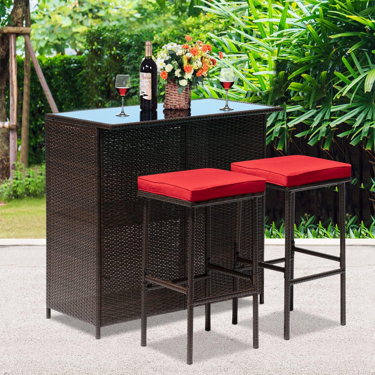FDW Juego de muebles de mimbre para exteriores, juego de 3 piezas de bar para patio con dos taburetes para patio, balcón, cojín rojo