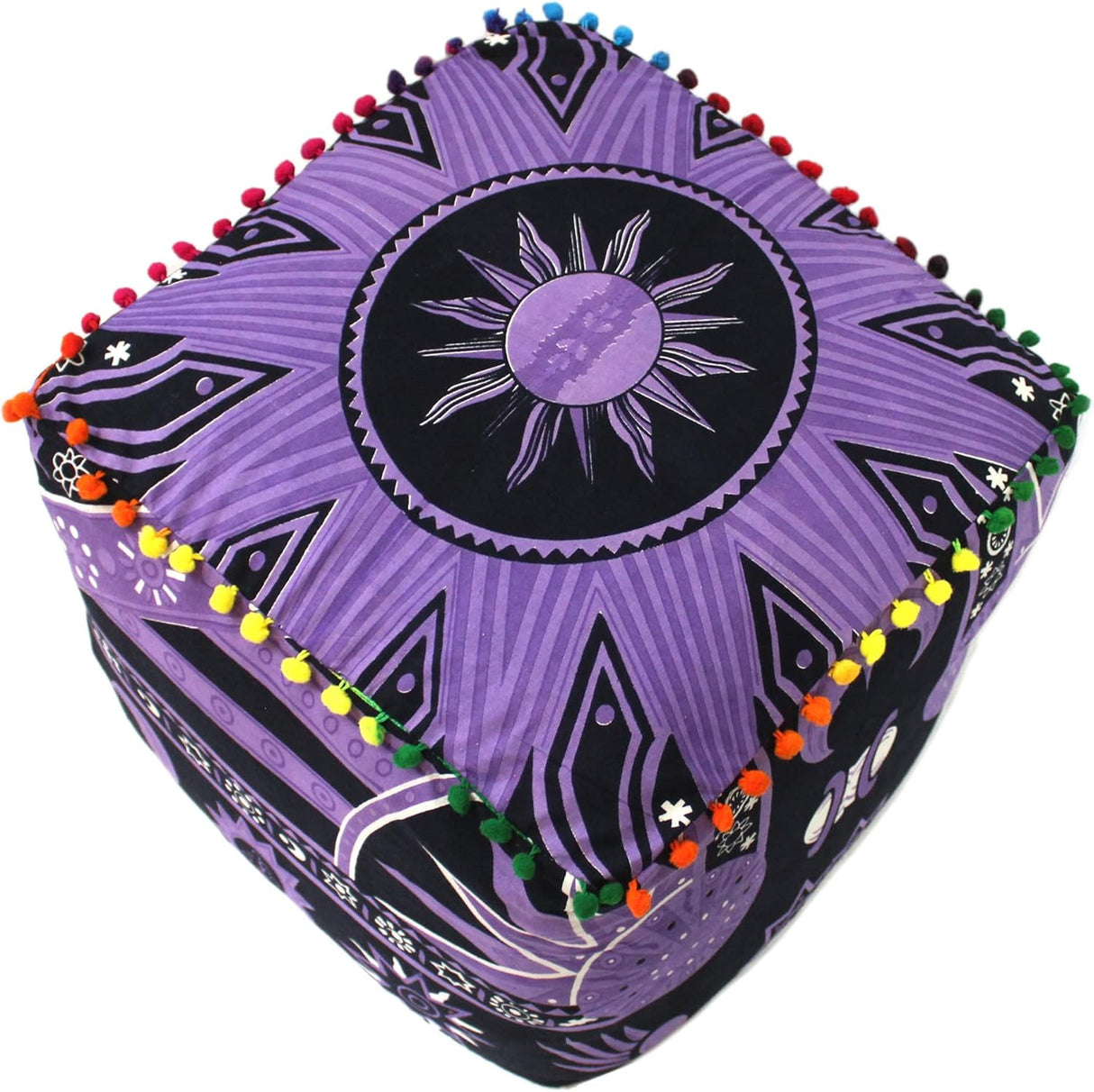 CRAFT KALA Funda de cojín cuadrada de mandala para suelo, funda de cojín para asiento, hippie, decorativo, bohemio, otomano, pufs otomanos, almohada de algodón, decoración del hogar, 18 x 18 x 14 pulgadas, sol ardiente morado