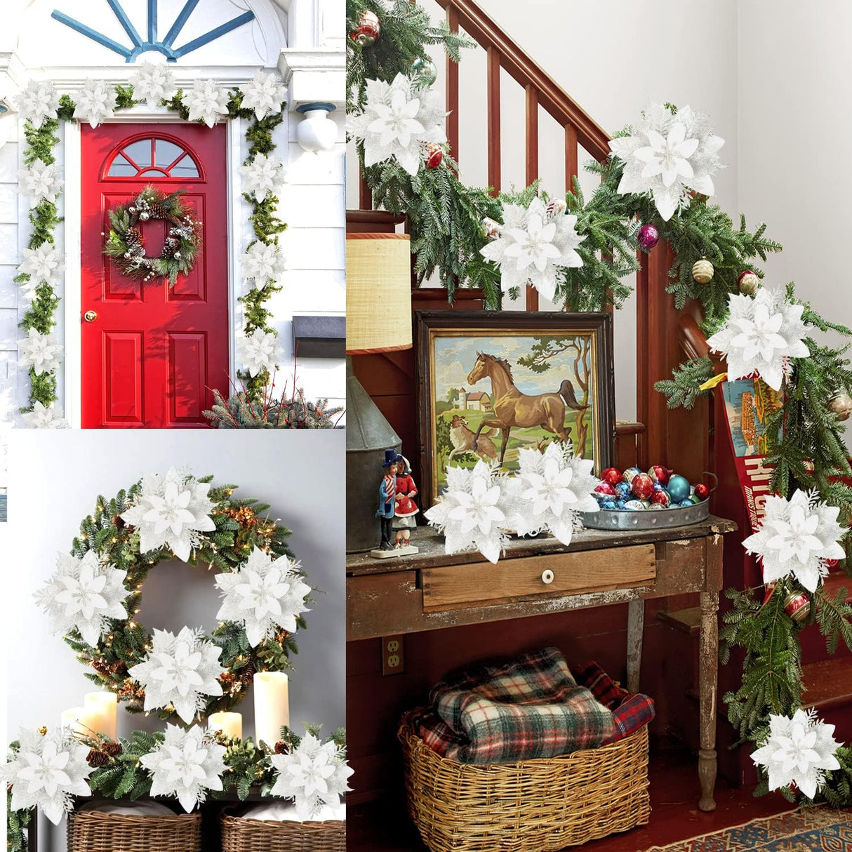 Flores Artificiales Poinsettia, 15 Pcs, Decoraciones Brillantes