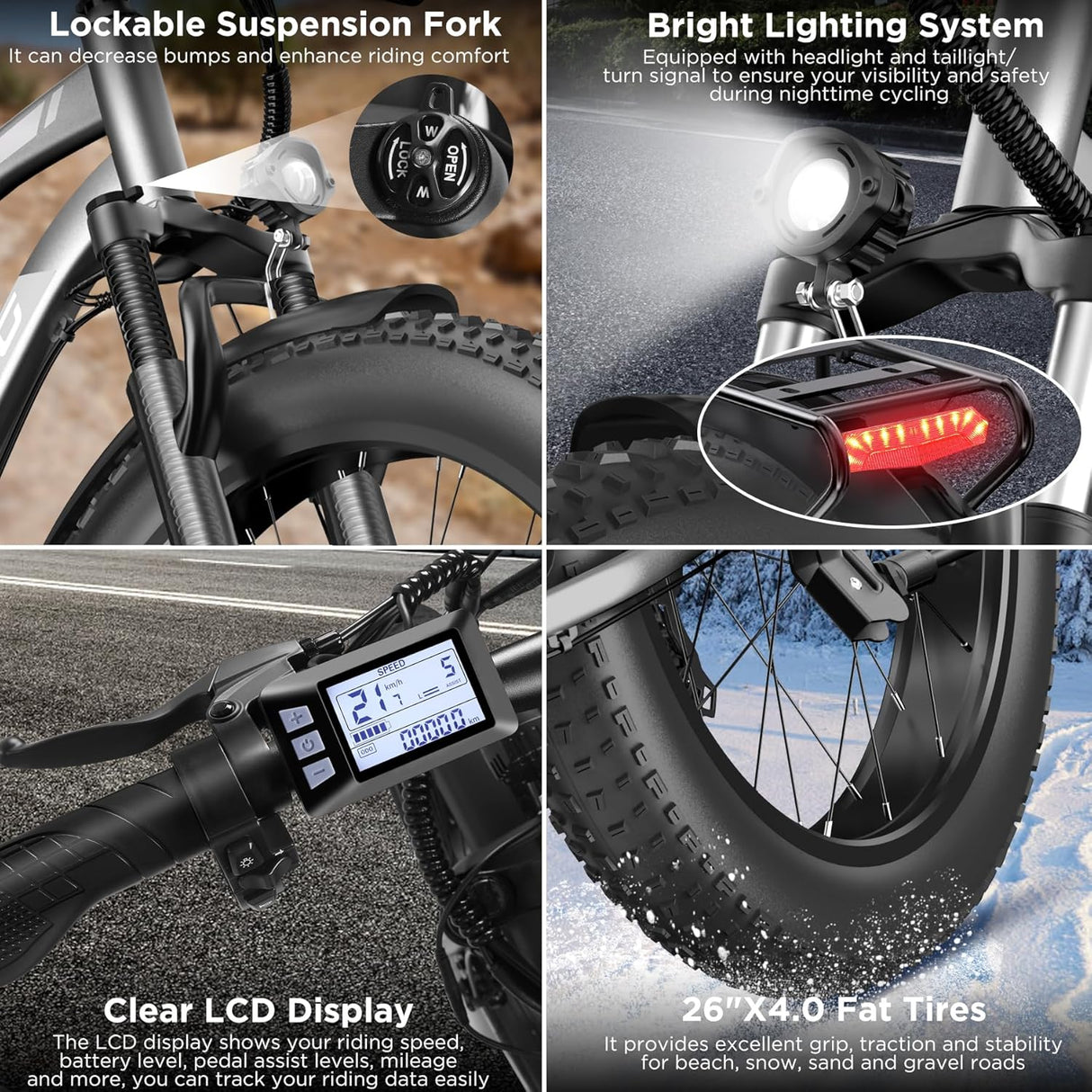 Bicicleta Eléctrica 750W, 25MPH, 60M, Suspensión, Modelo EBIKE