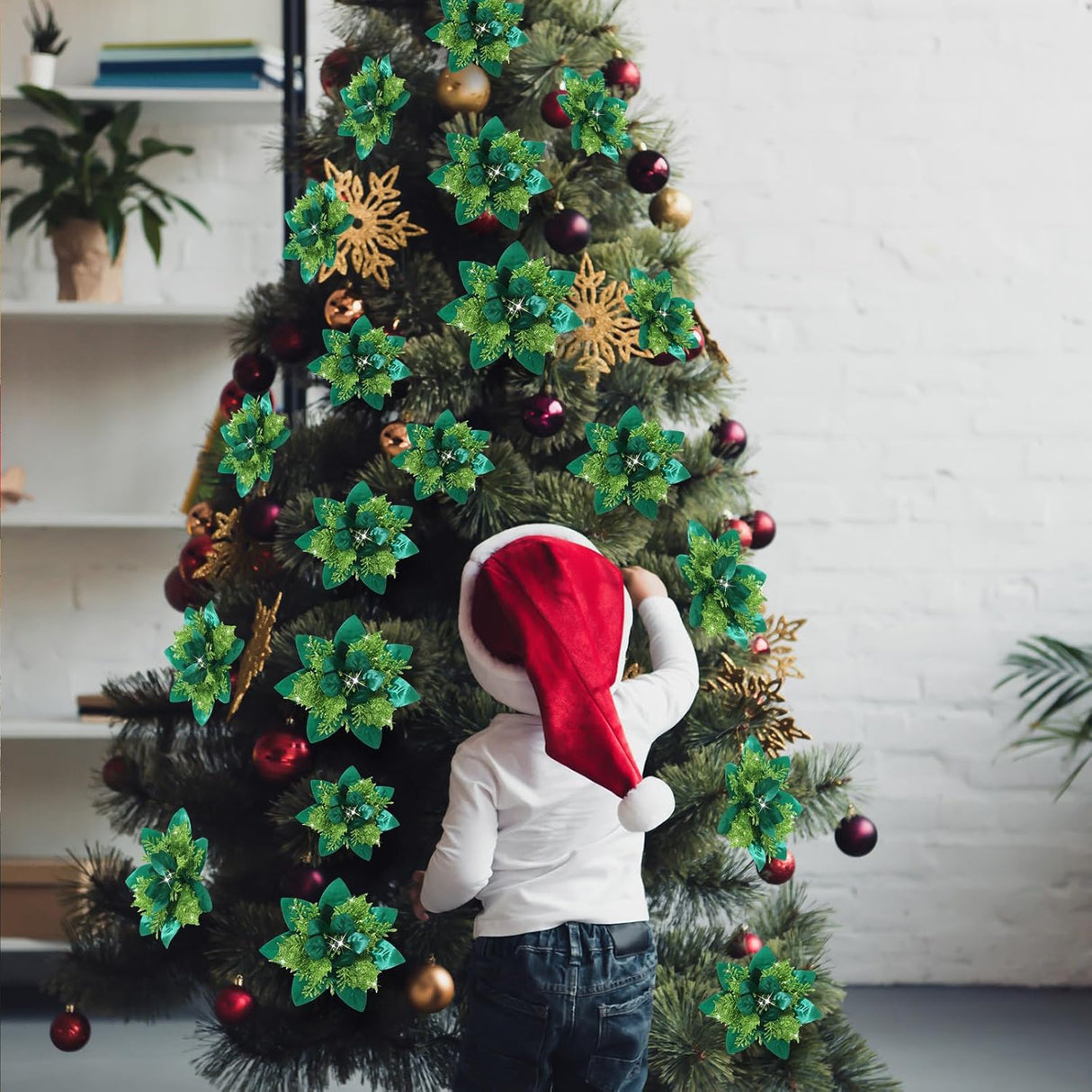 Flores Poinsettia Artificiales Glitter para Navidad, 36 Pcs