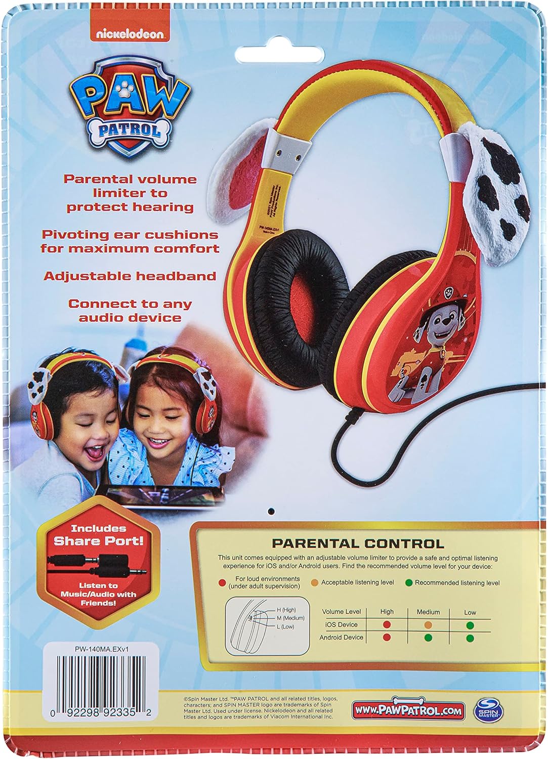Auriculares Paw Patrol Marshall, ajustables, sonido estéreo, 3.5mm