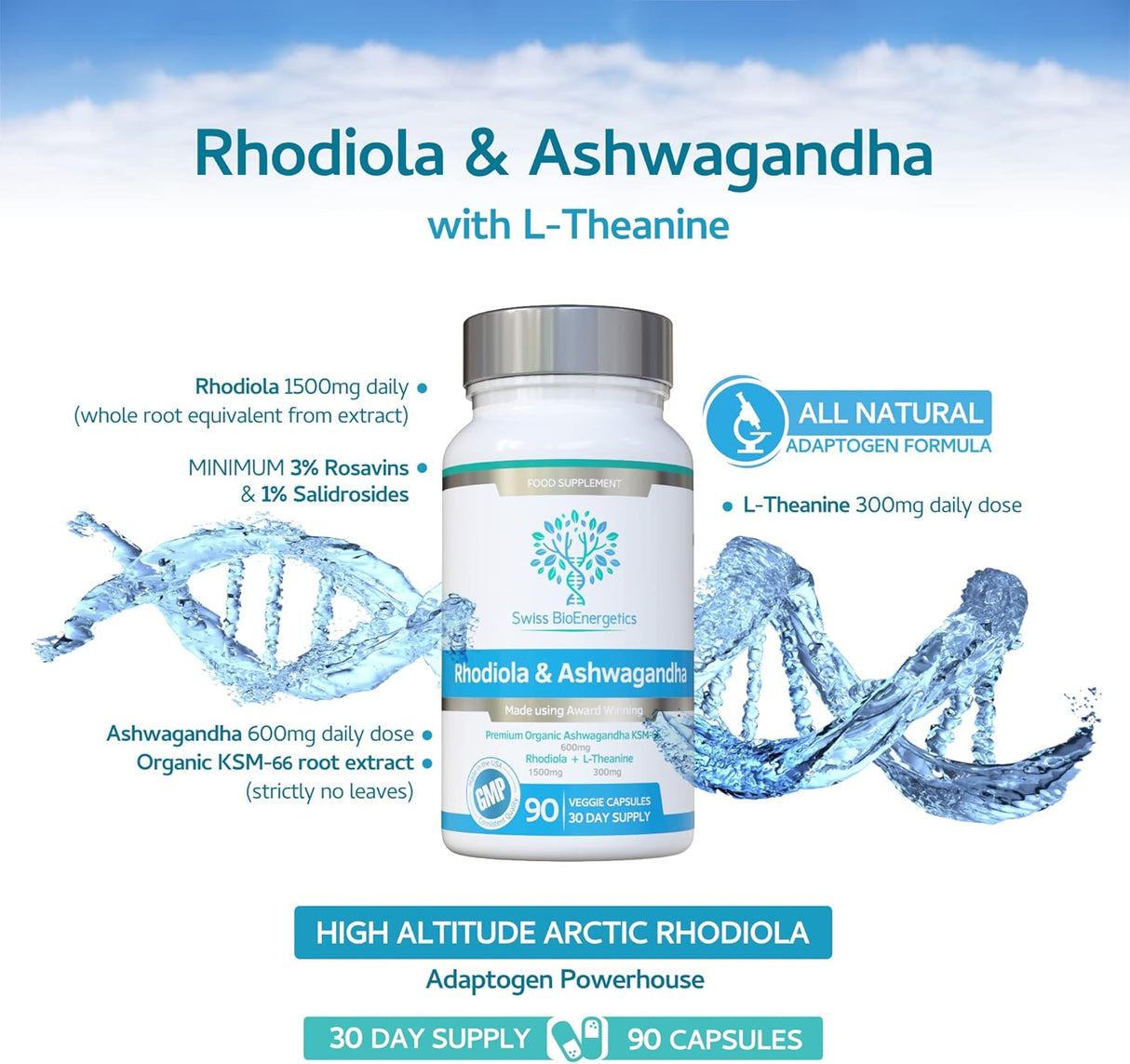Rhodiola y Ashwagandha KSM-66 600mg - Adaptógeno Natural