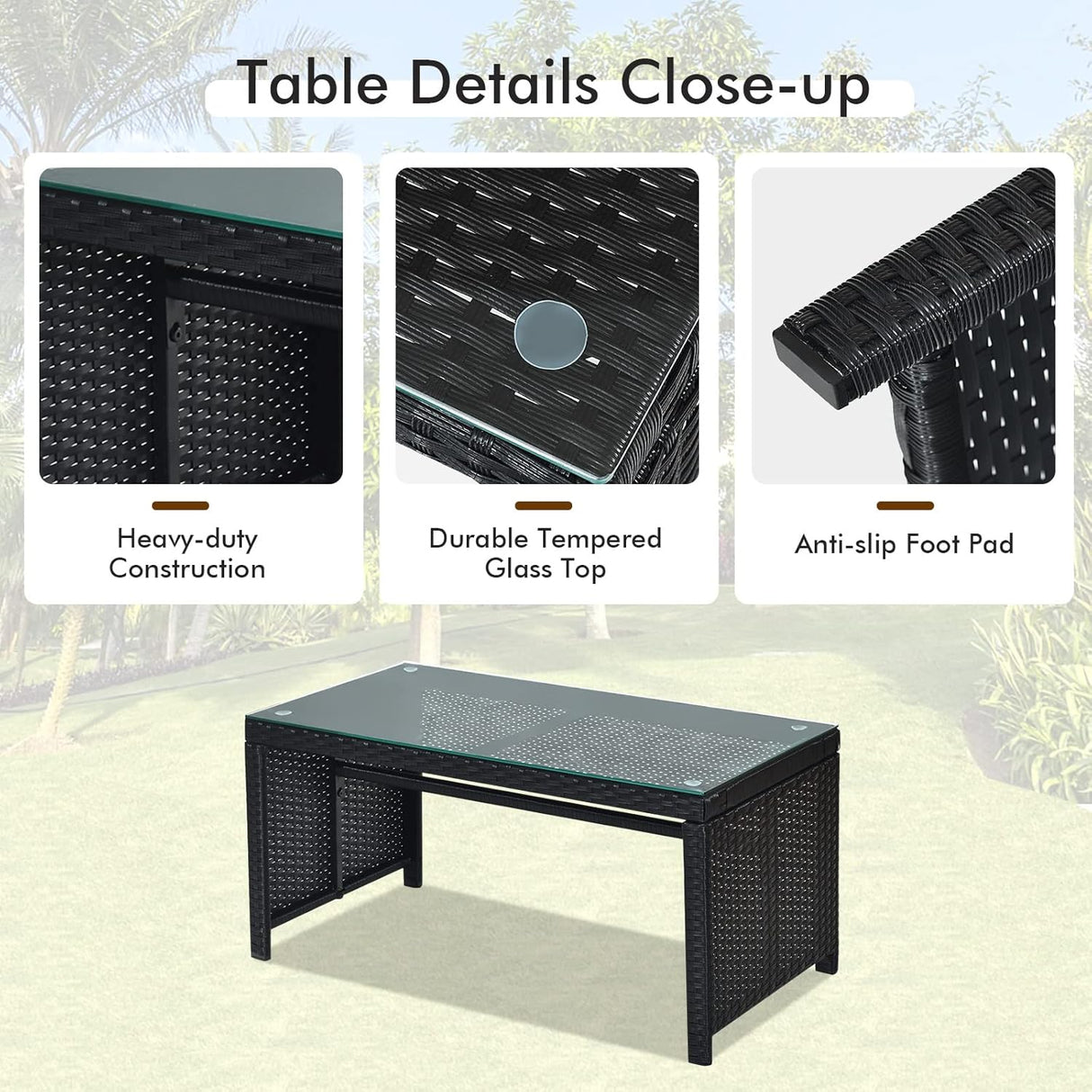 Goplus Juego de muebles de ratán para patio, 4 piezas, sofá y mesa de mimbre para exteriores con cojines suaves y mesa de centro de vidrio templado para balcón, jardín, patio trasero (turquesa)