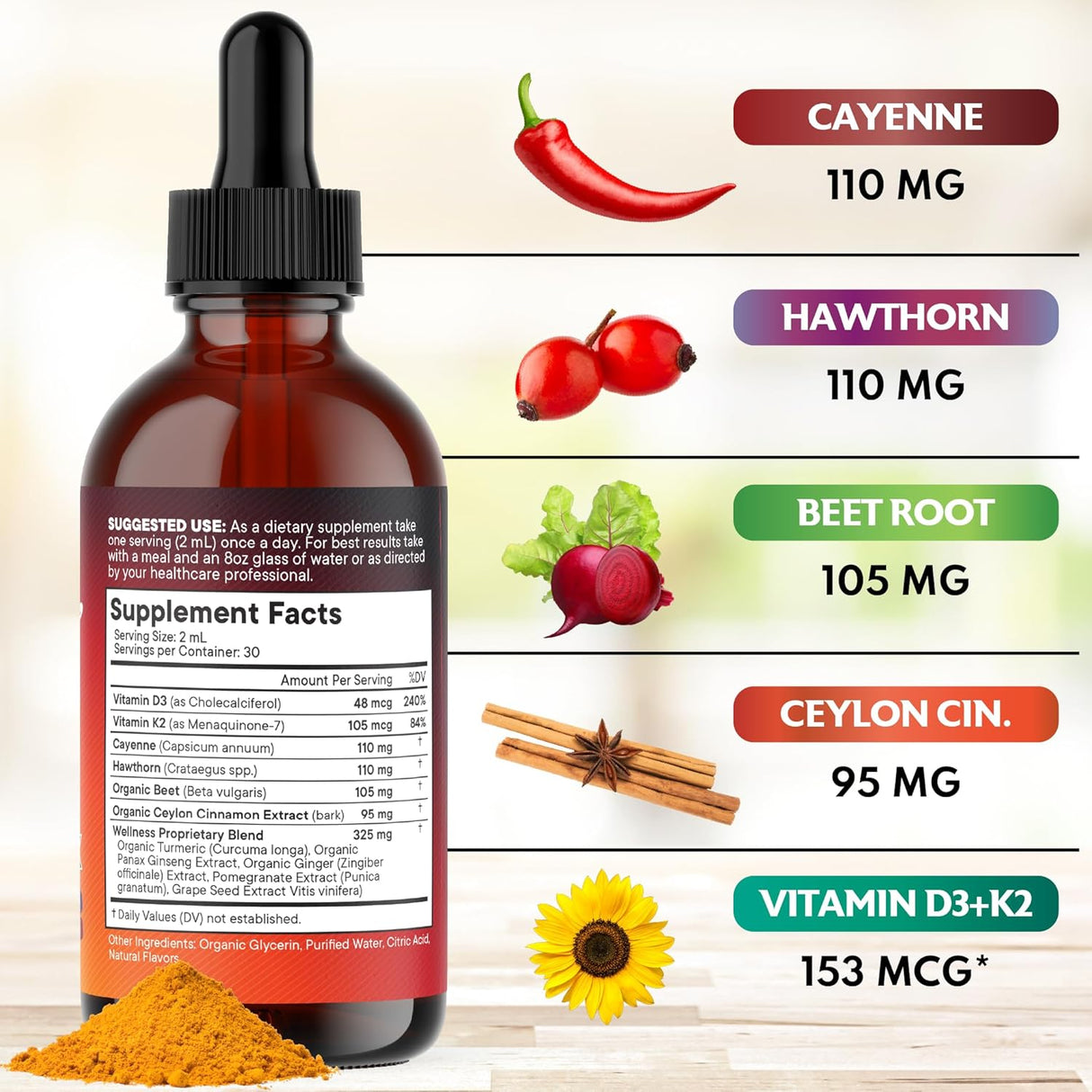 Suplemento Líquido de Cayena + Bayas de Hawthorn - 4oz