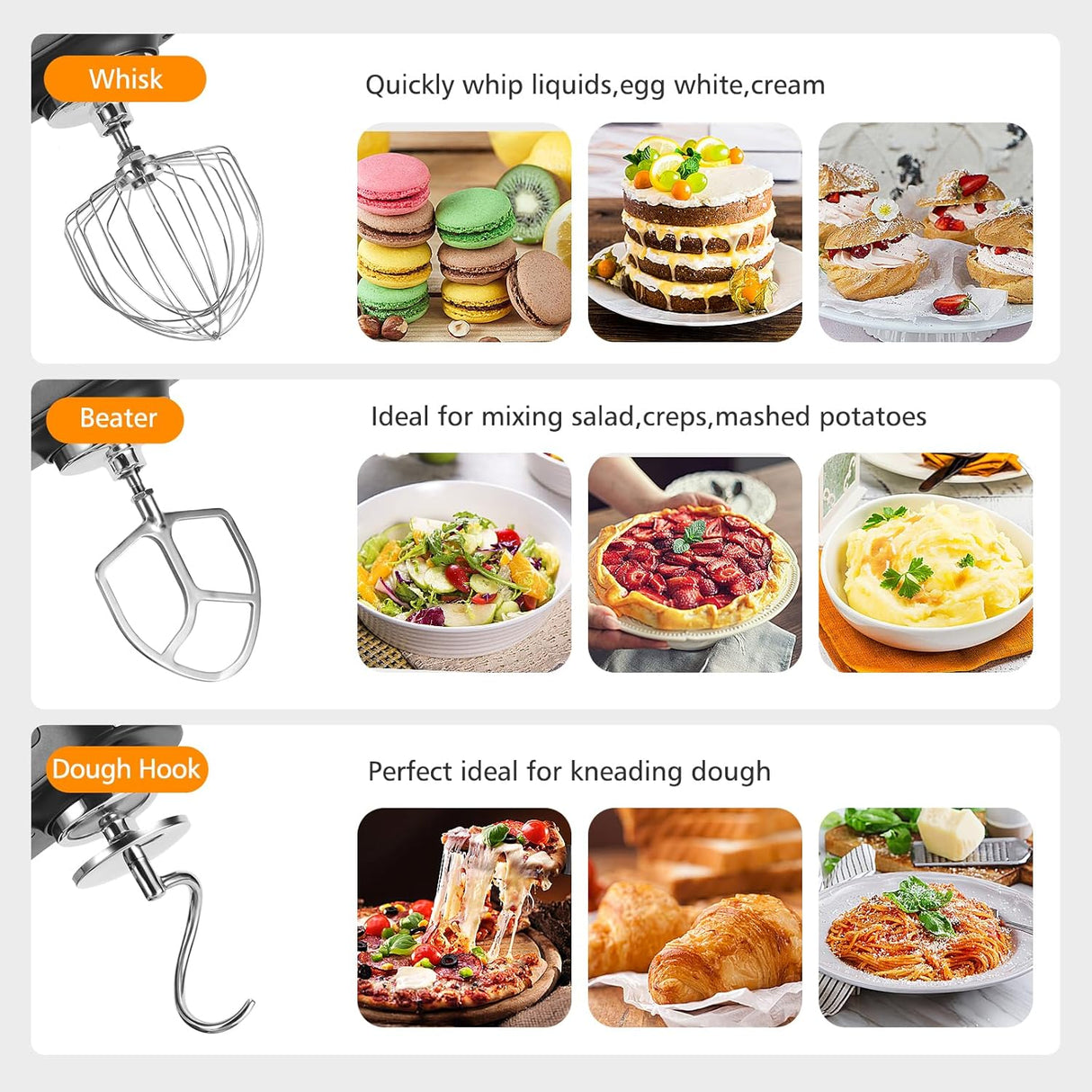 Batidora de pie 7.4QT 800W con 3 accesorios de acero inoxidable