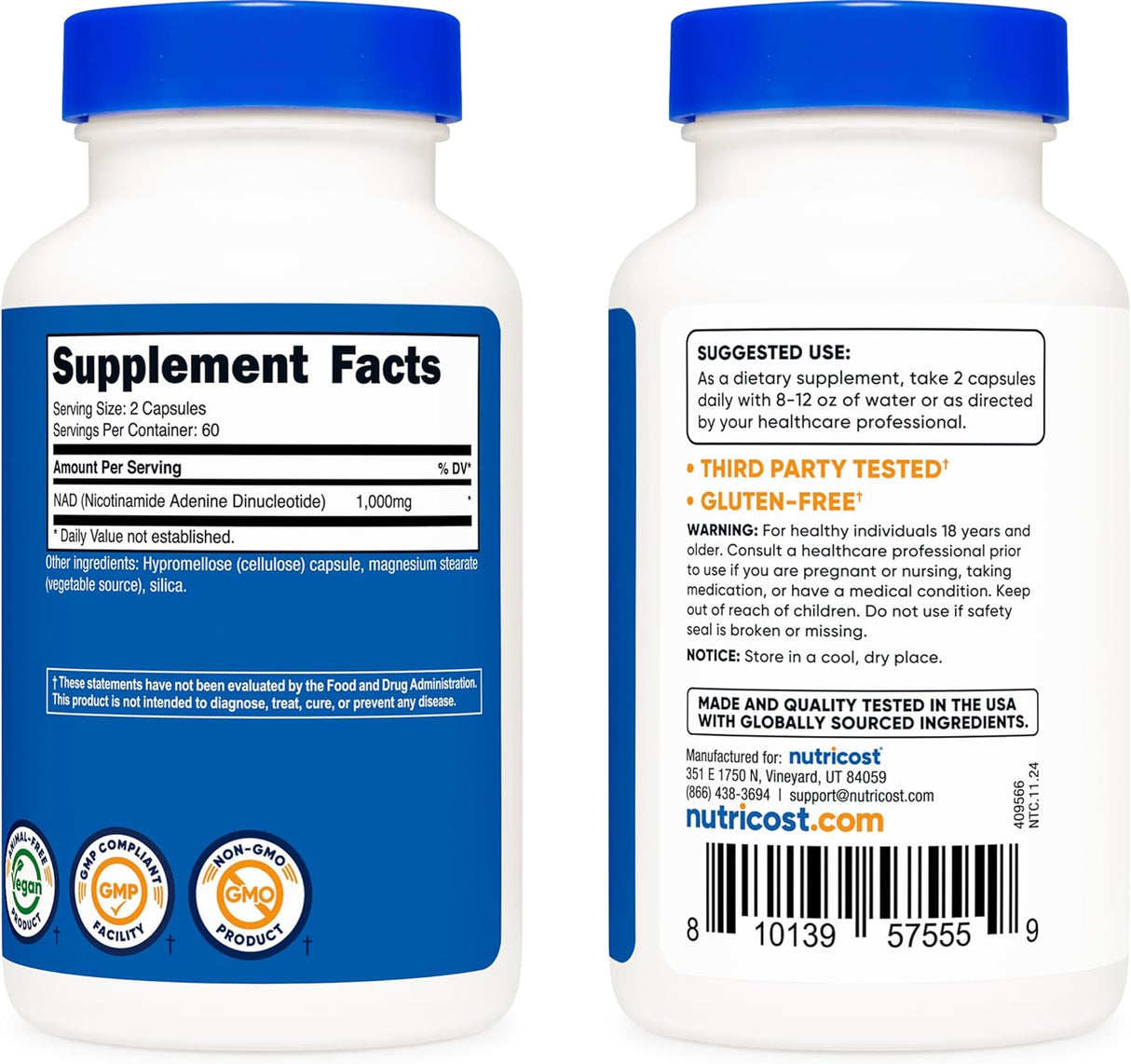 Suplemento de NAD+, Nutricost, 1000mg, 120 Cápsulas