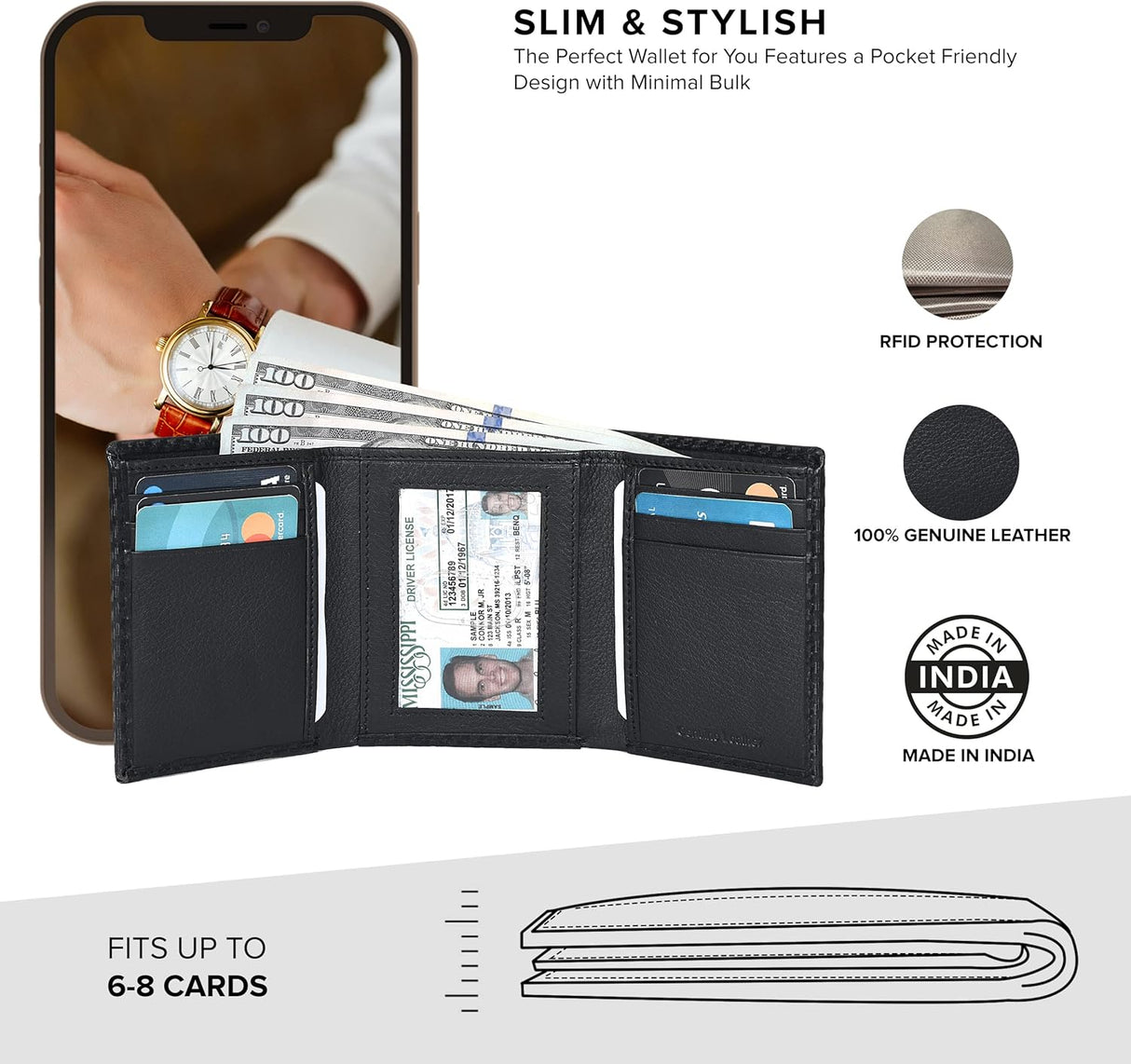 Billetera de Piel Trifold para Hombre - RFID, 9 Tarjetas, 2 ID