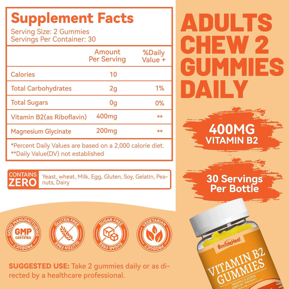 Vitamin B2 Gummies, Suplemento Vegano 400mg, 120u