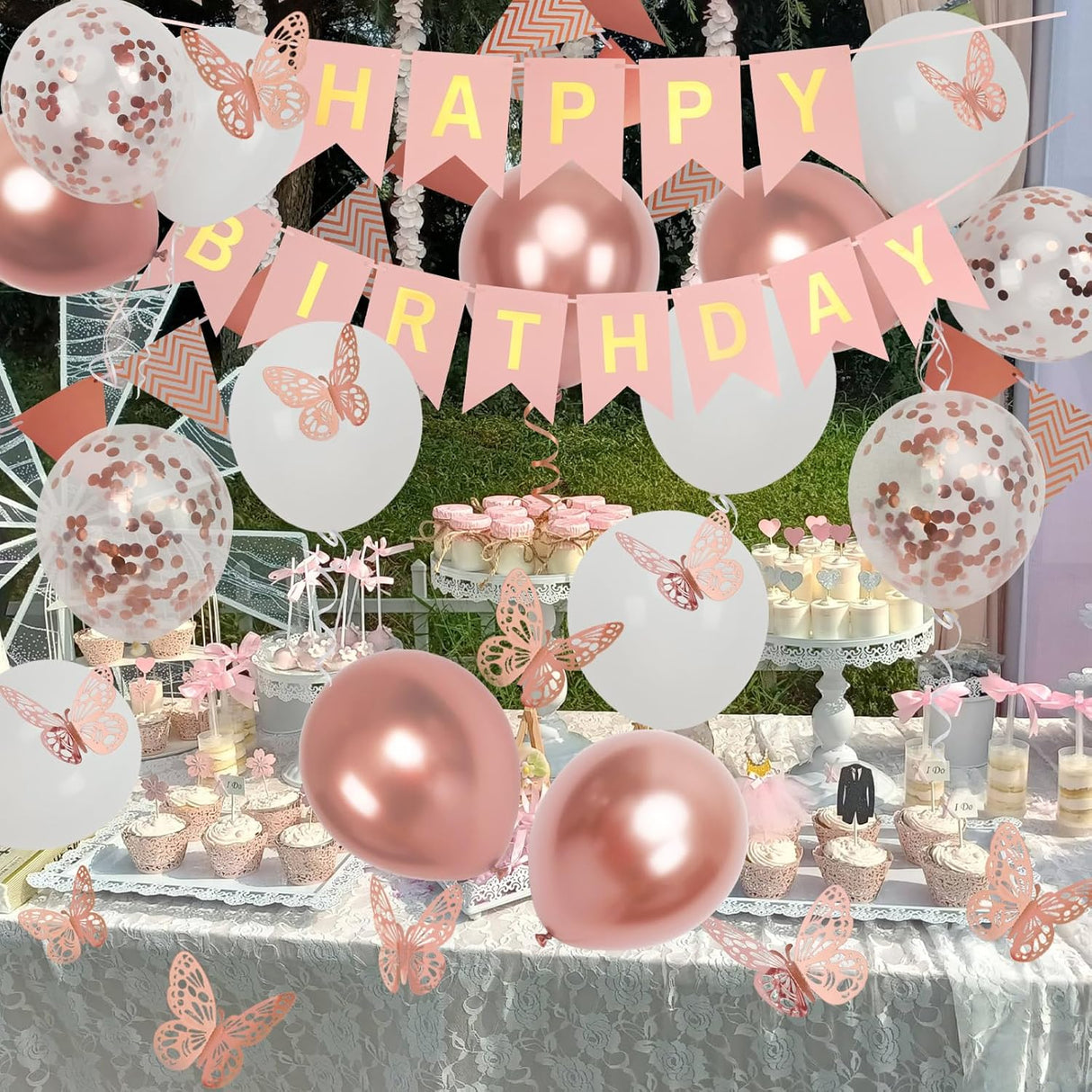 Decoración de Cumpleaños con Globos y Mariposas para Mujer y Niña