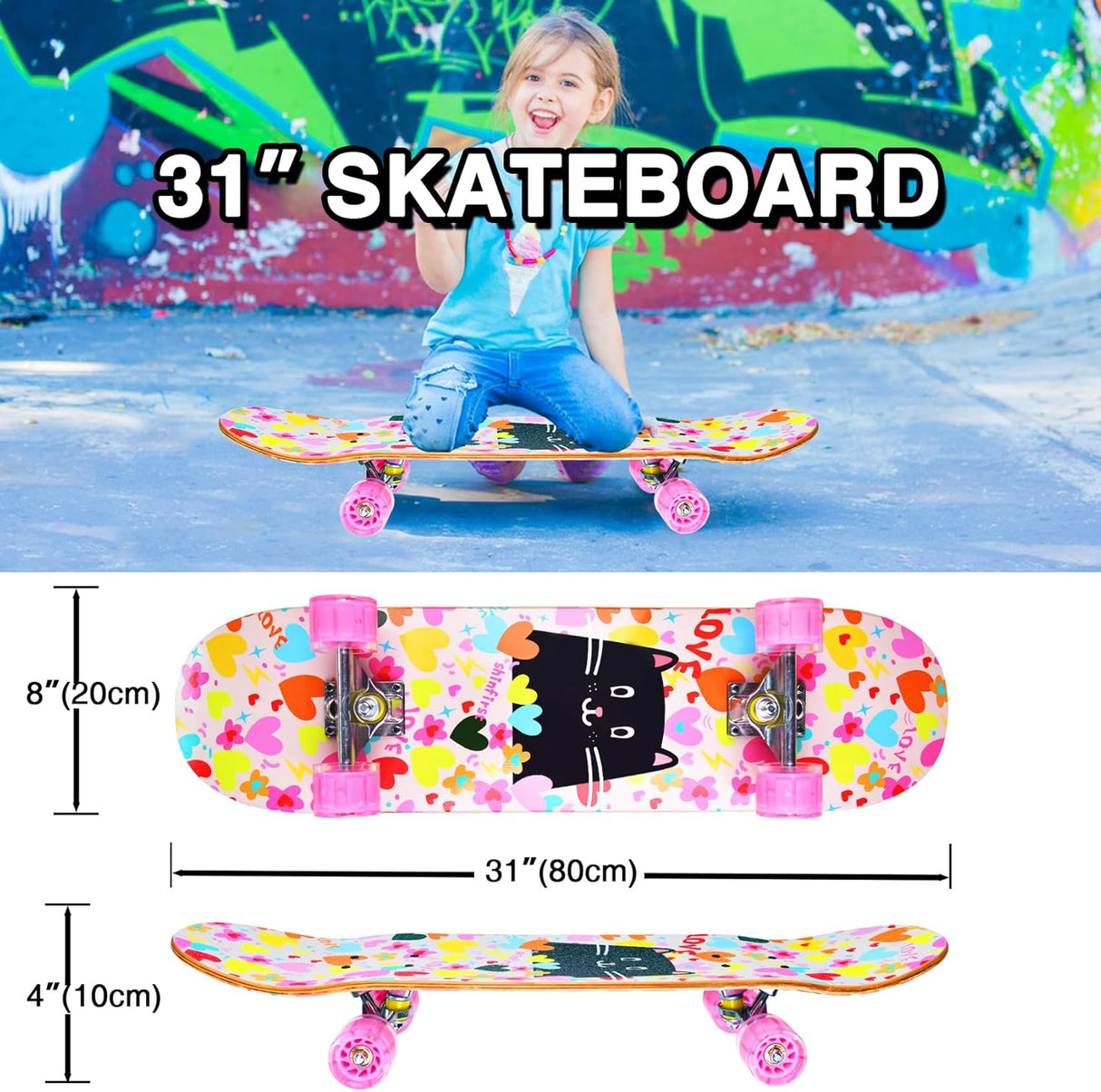 Patineta Completa de 31 Pulgadas con Diseño de Unicornio y Calavera