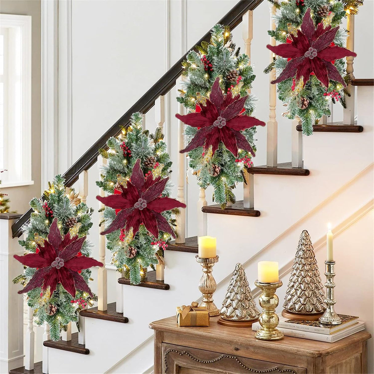 Flores Poinsettia Artificiales para Árbol de Navidad, Set de 4