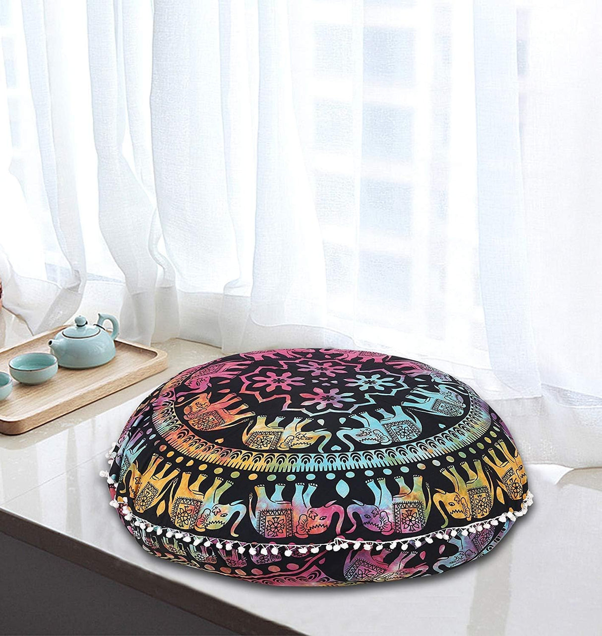 Funda bohemia para cojín, de 32 pulgadas, con diseño de mandala, para meditación, decorativa, otomana, grande, para exteriores, decoración del hogar, decoración de arte en el hogar, redonda, con pompones de algodón, cómoda
