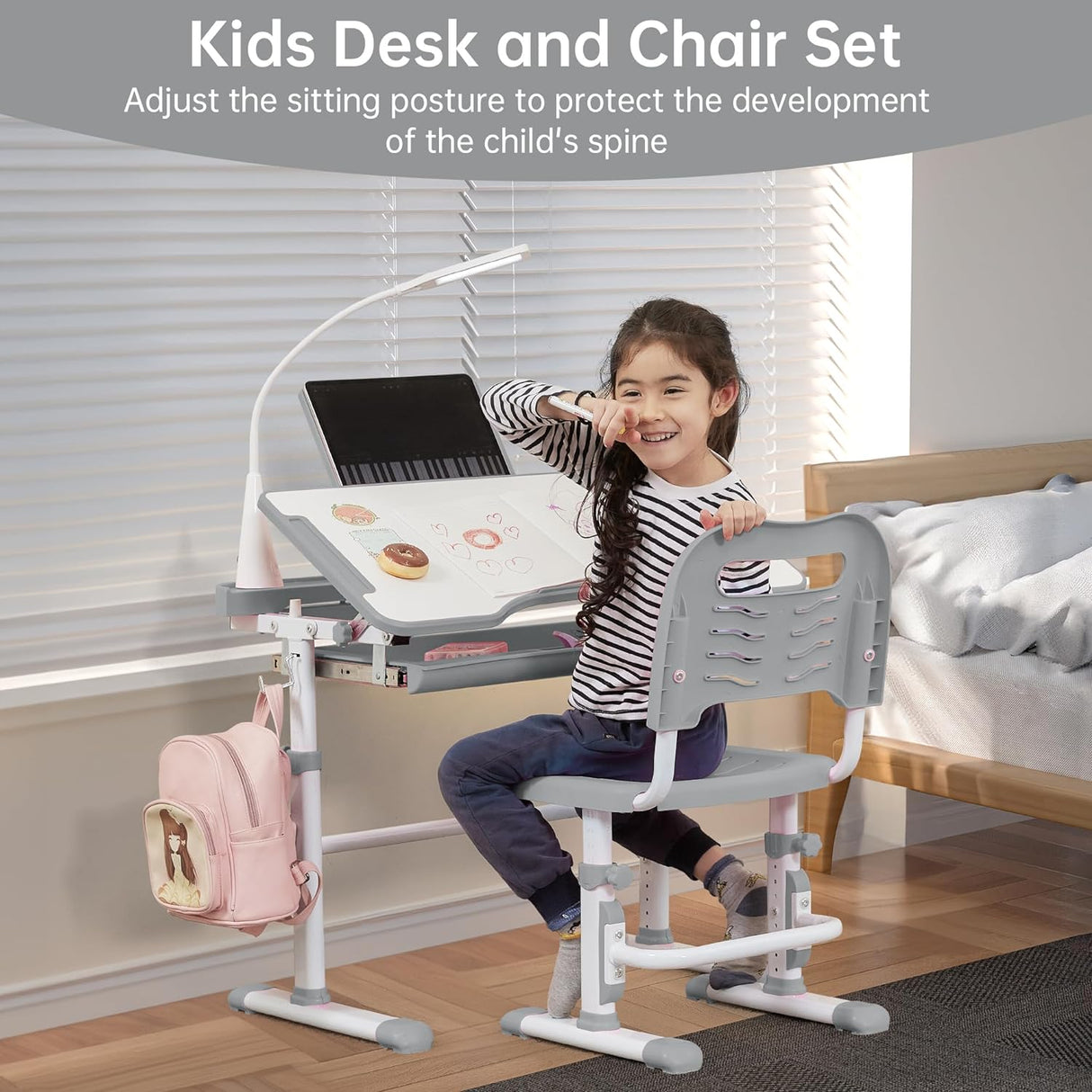 Escritorio y silla ajustables en altura para niños, modelo escolar
