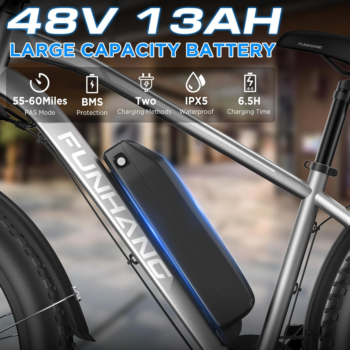 Bicicleta Eléctrica 750W, 25MPH, 60M, Suspensión, Modelo EBIKE