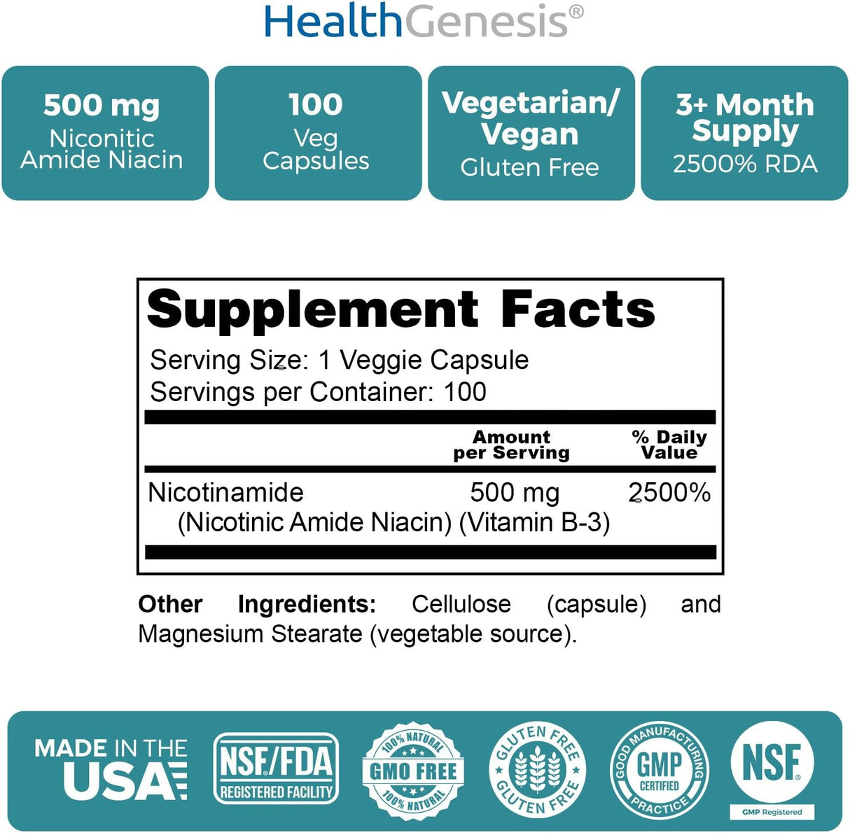 Suplemento B-3 Nicotinamide 500 mg 100 caps