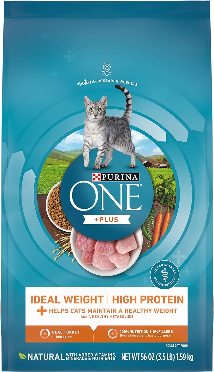 Purina ONE Alimento seco para gatos con alto contenido en proteínas, peso ideal con pavo y peso ideal con pavo - Bolsa de 3.5 libras