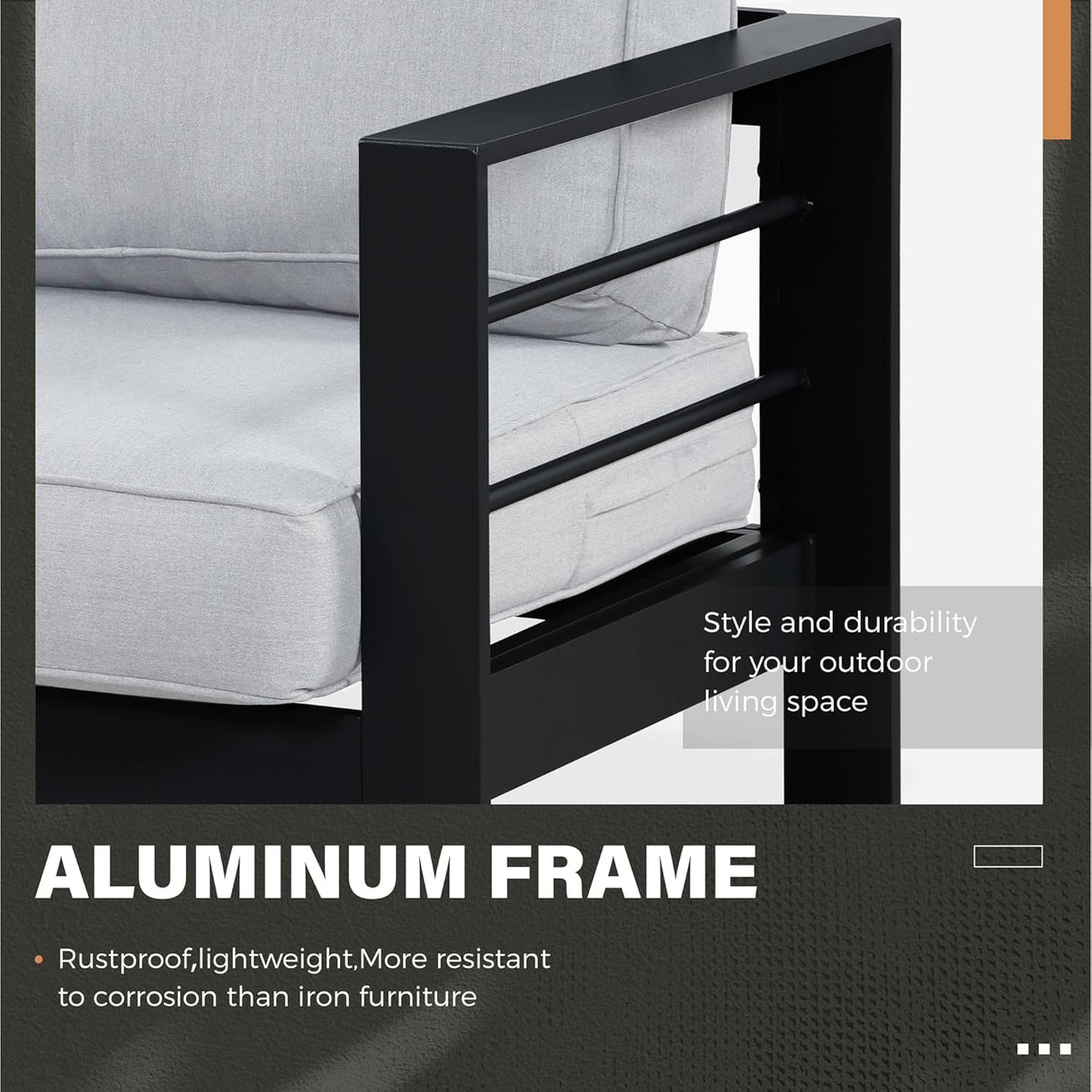 Solaste Juego de muebles de aluminio para exteriores, 4 piezas, sofá seccional de conversación con mesa, marco negro y cojín gris
