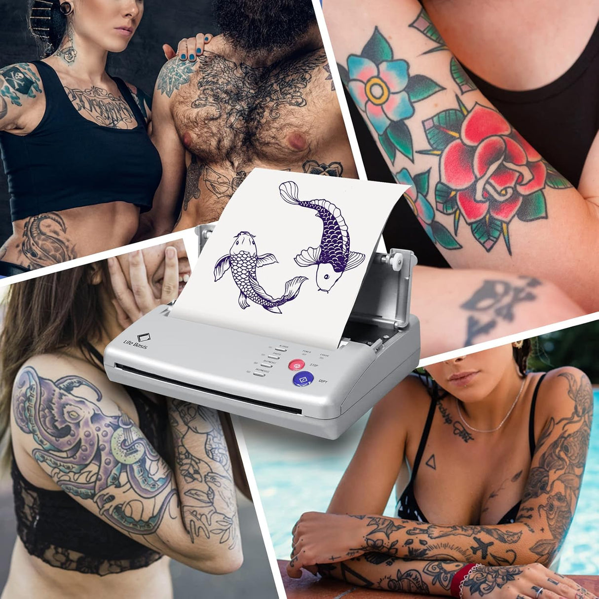 LifeBasis Máquina de plantillas de transferencia de tatuajes, impresora térmica profesional de plantillas de tatuajes con papel de transferencia de tatuajes, 20 hojas, kit de impresora de tatuajes