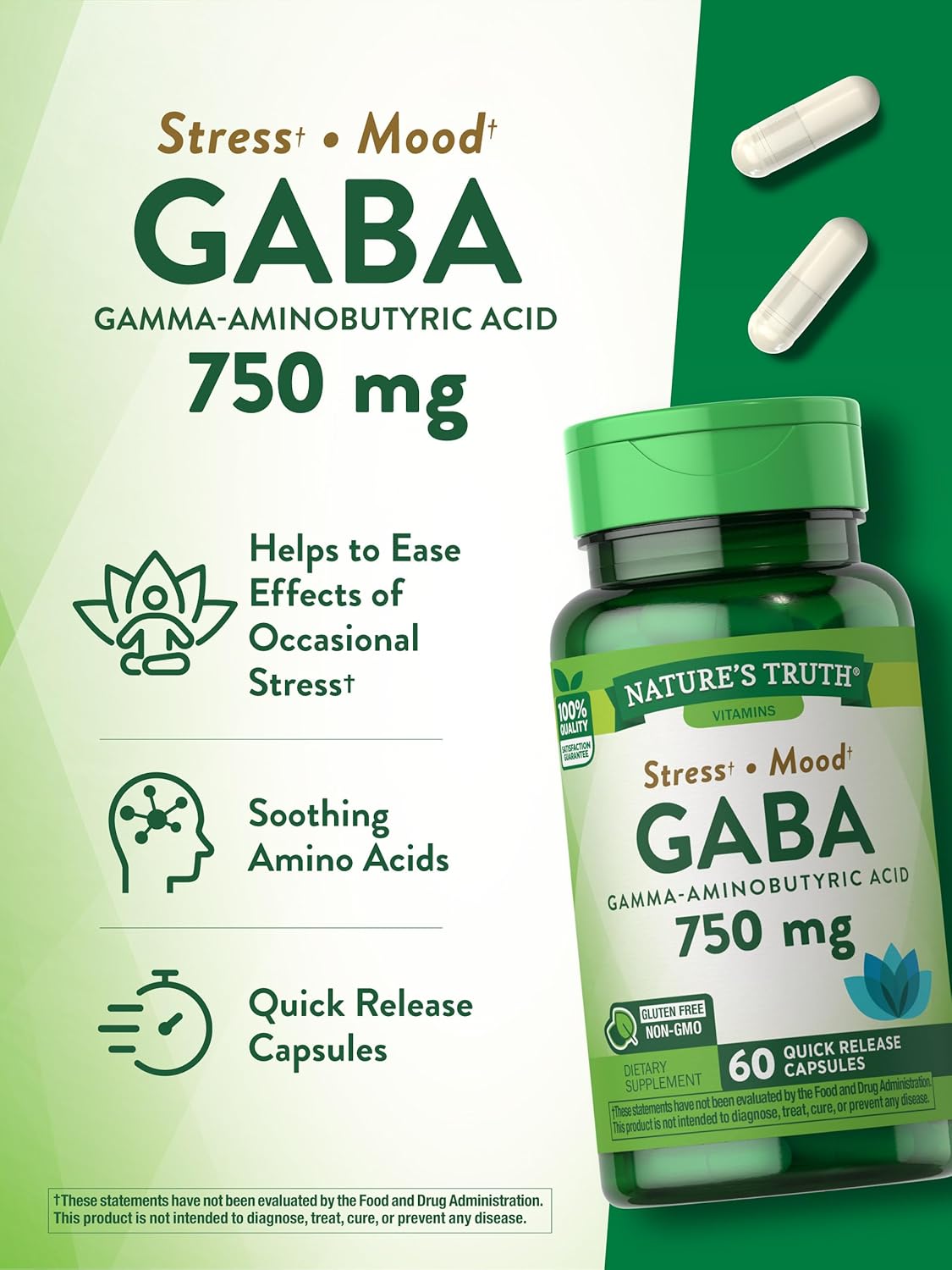 Suplemento Natures Truth GABA 750 mg ácido aminobutírico
