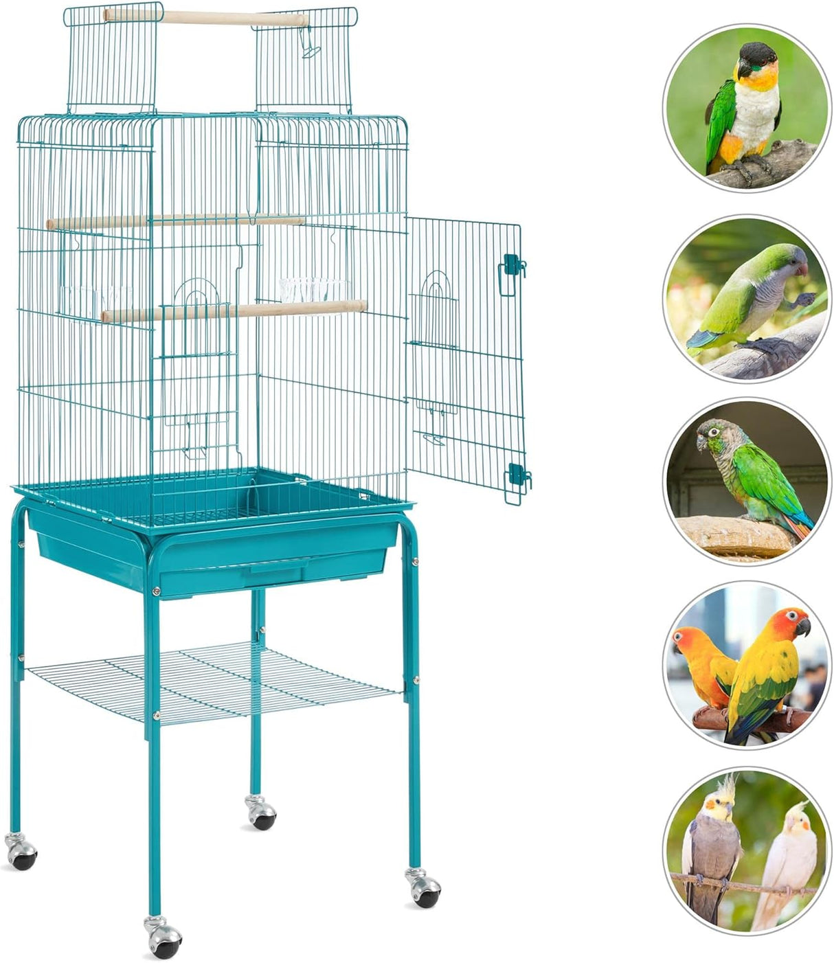 Jaula para pájaros con tapa abierta de hierro con perchas