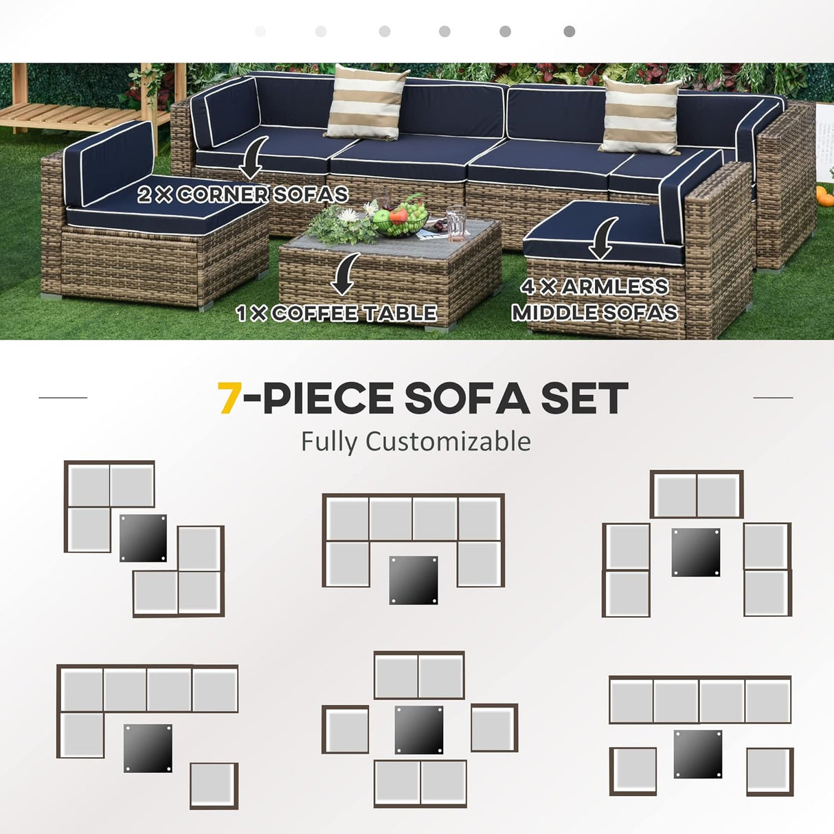 Outsunny Juego de muebles de patio de 7 piezas, juego de conversación de mimbre para exteriores, juego de sofá modular de ratán PE para todo tipo de clima, con cojines y mesa de madera sintética