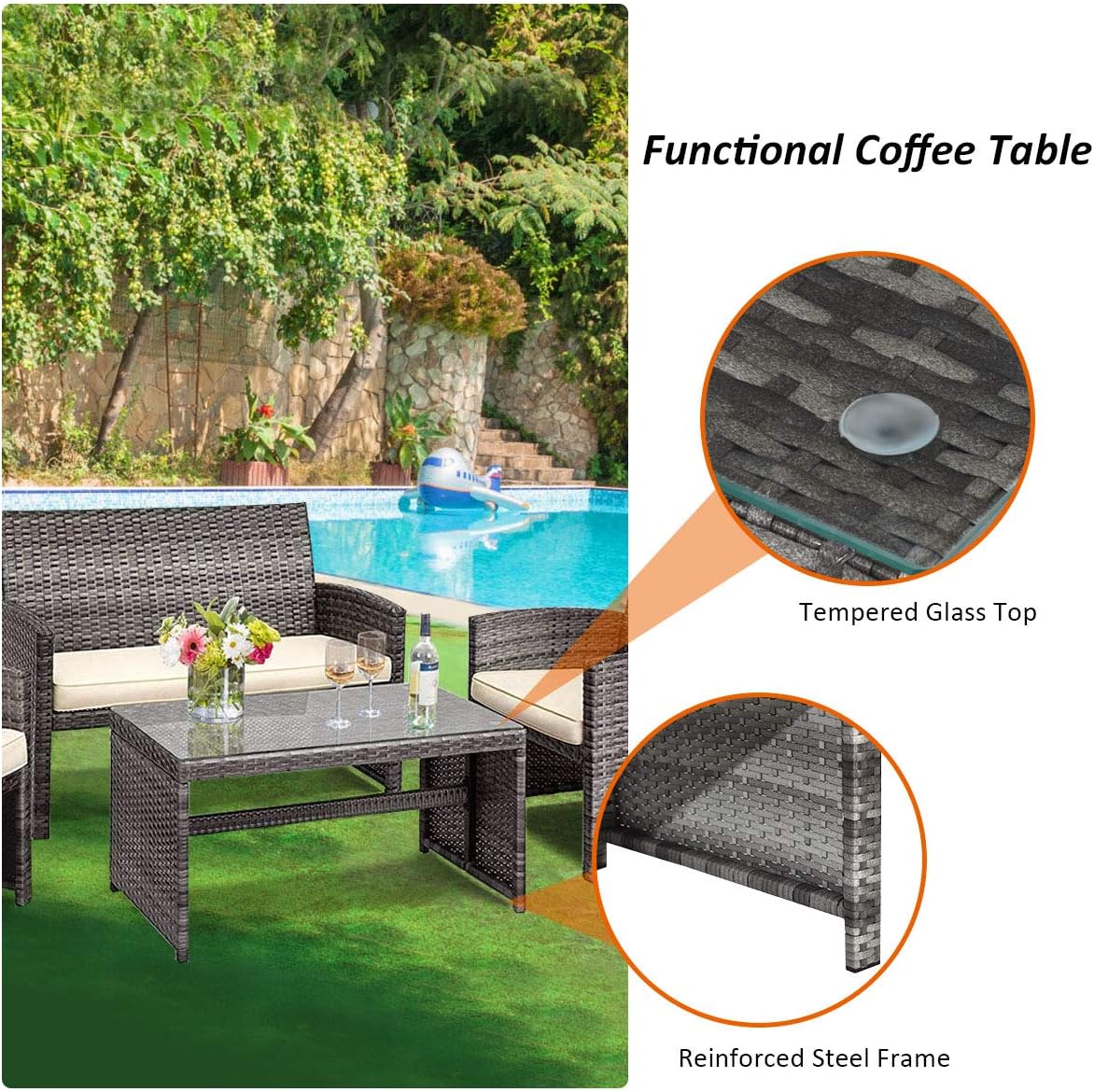 Goplus Juego de muebles de ratán para patio, 4 piezas, sofá y mesa de mimbre para exteriores con cojines suaves y mesa de centro de vidrio templado para balcón, jardín, patio trasero (beige (mimbre de color mixto))