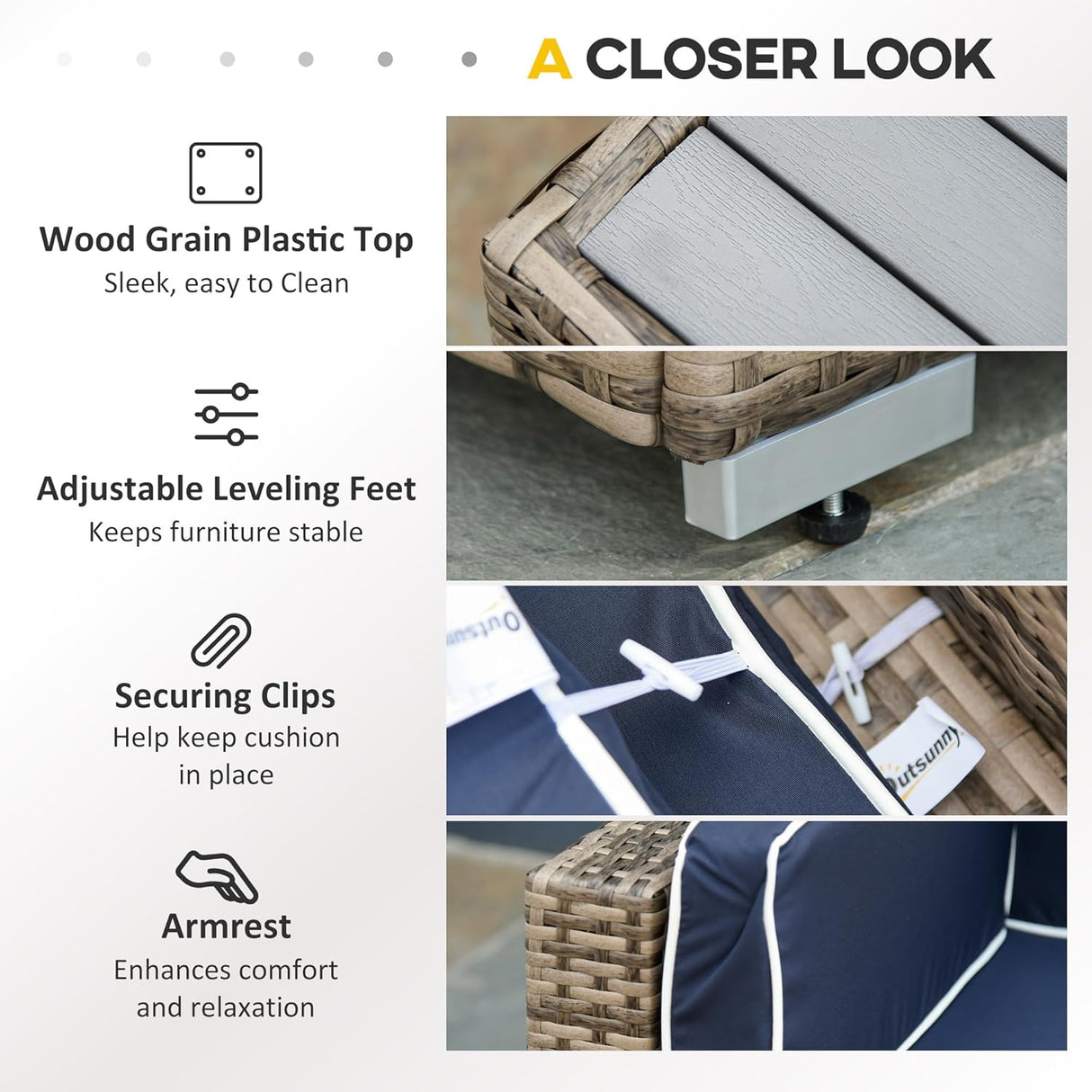 Outsunny Juego de muebles de patio de 7 piezas, juego de conversación de mimbre para exteriores, juego de sofá modular de ratán PE para todo tipo de clima, con cojines y mesa de madera sintética