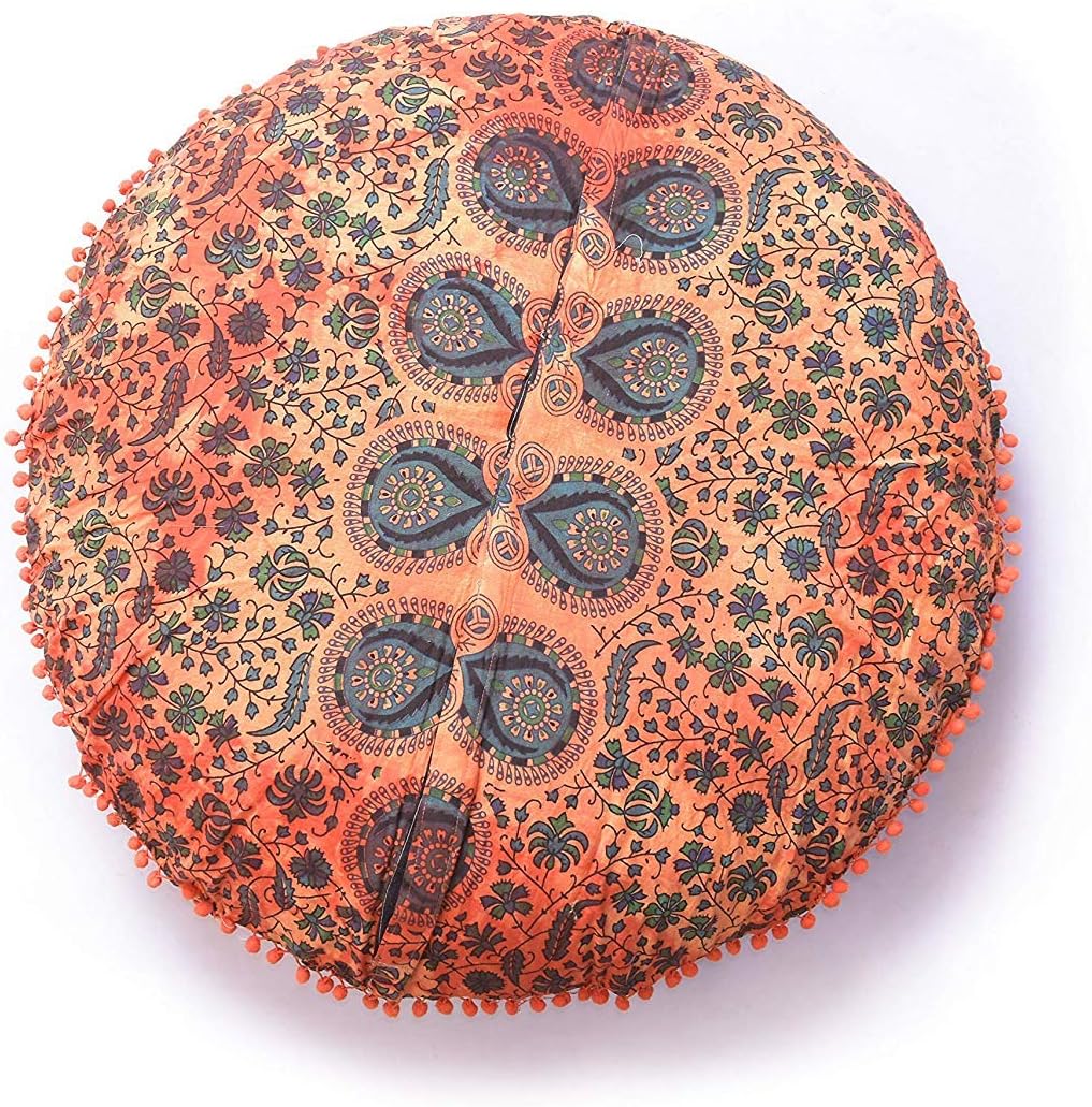 Funda bohemia para cojín, de 32 pulgadas, con diseño de mandala, para meditación, decorativa, otomana, grande, para exteriores, decoración del hogar, decoración de arte en el hogar, redonda, con pompones de algodón, cómoda