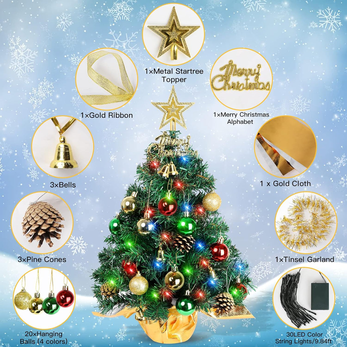 Árbol de Navidad Mini 22 con 30 Luces LED, Decoración Navidad