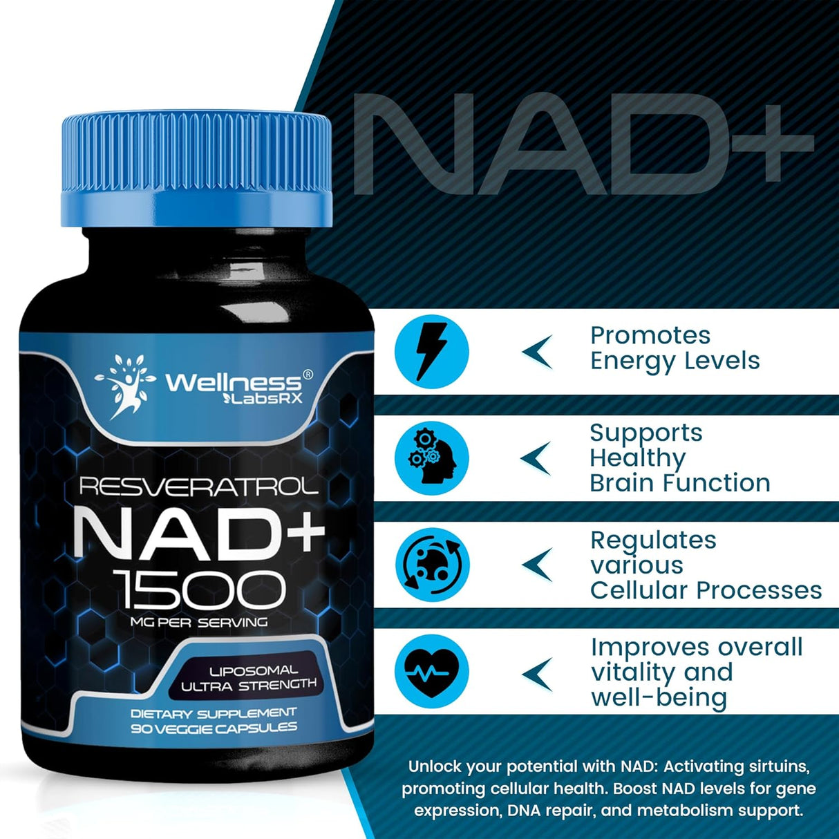 Suplemento de NAD 1500mg Liposomal con Resveratrol - Ultra Fuerte