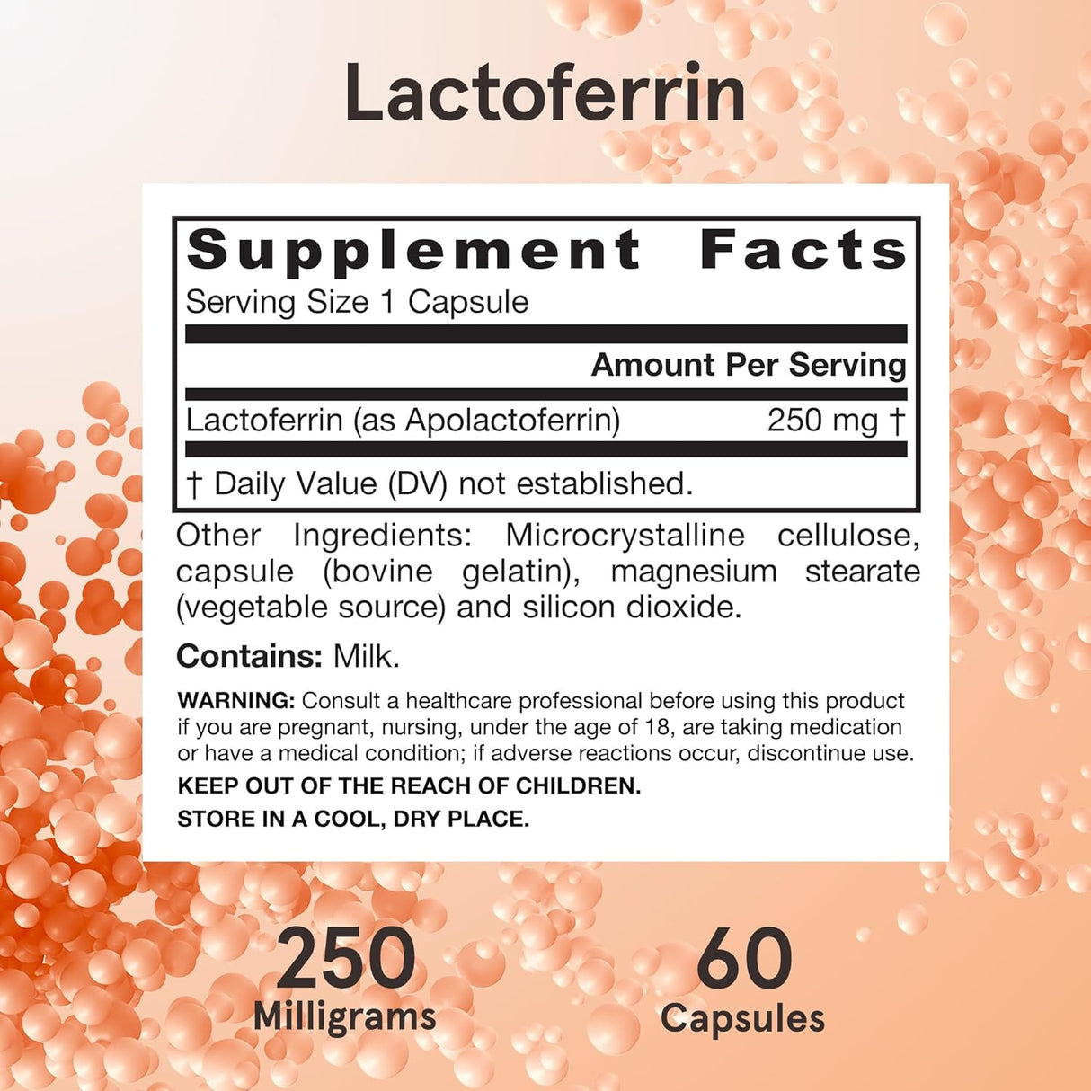 Suplemento Lactoferrina 250 mg, Modelo LACFE, 60 cápsulas