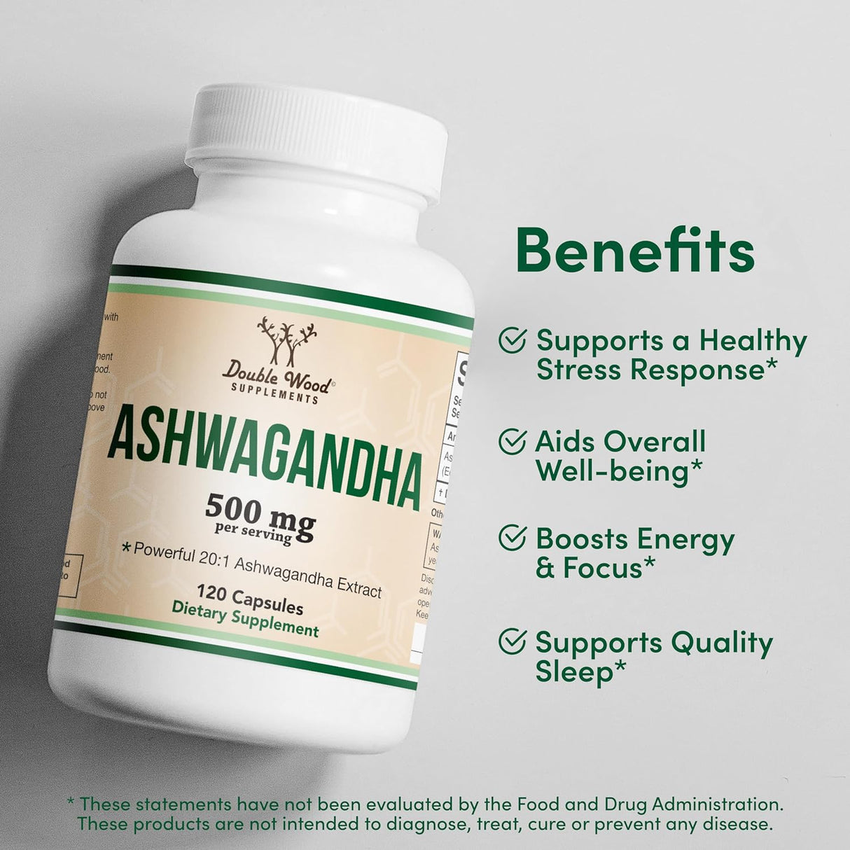 Cápsulas de Ashwagandha 500mg, Double Wood, 120 Controles