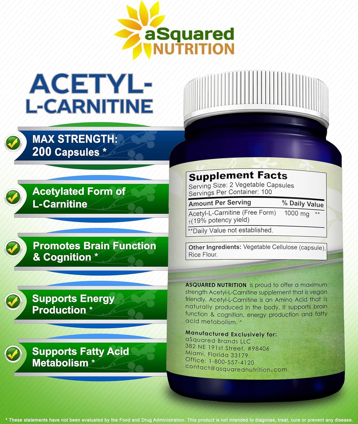 Suplemento Nutrition Acetyl L-Carnitine 1000mg 200 cápsulas
