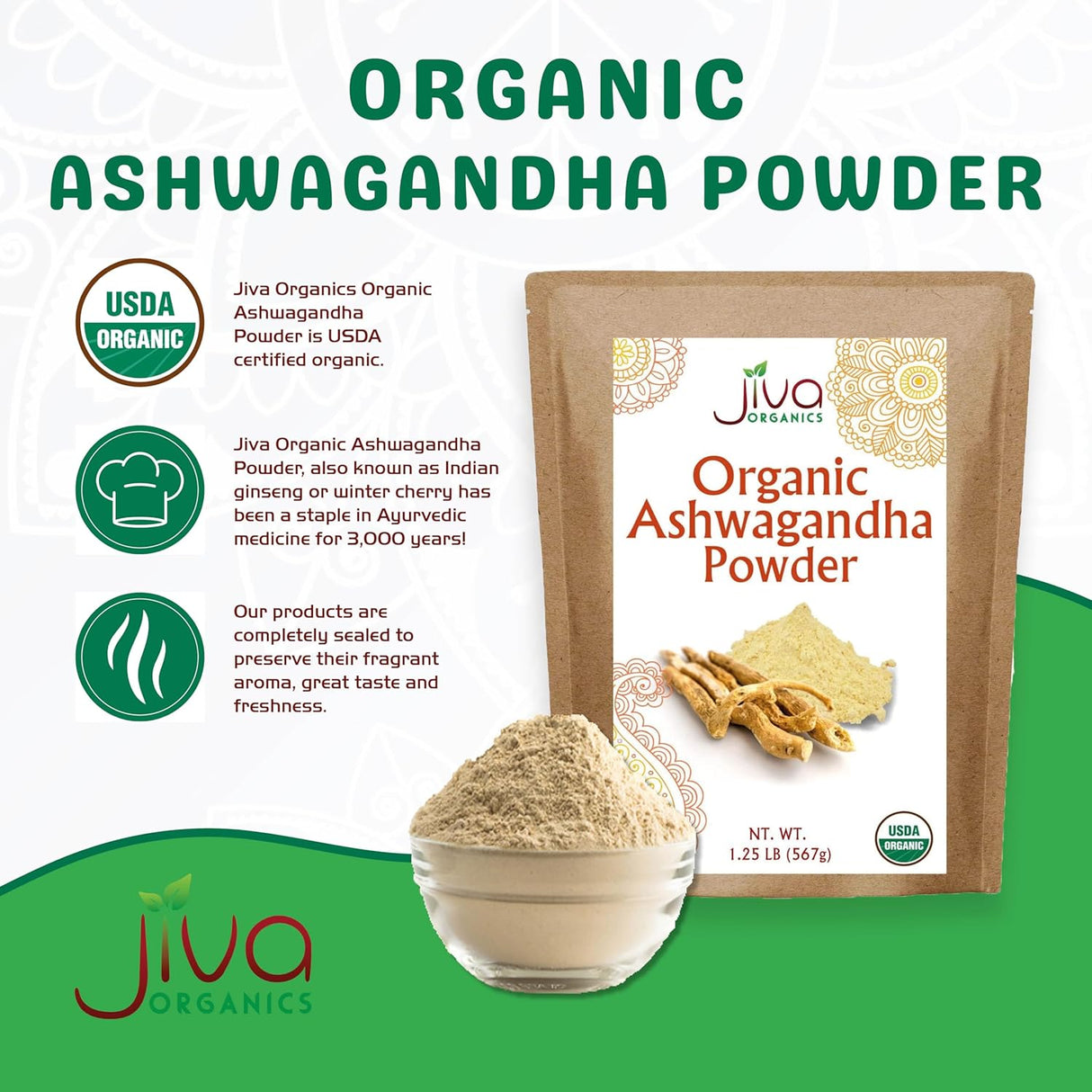 Polvo de raíz de Ashwagandha 1.25 lb Jiva Organics - Puro, No GMO