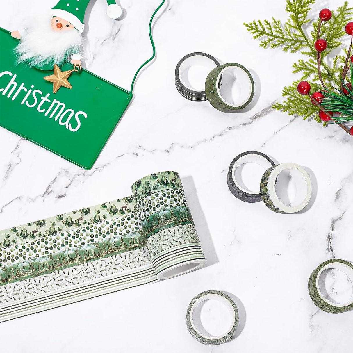 Whaline 12 rollos de cinta Washi de bosque de Navidad, acuarela, bosque, vegetación, plantas, árboles verdes, cinta adhesiva decorativa para Navidad, álbumes de recortes, diario, calendario, manualidades, envoltura de regalos