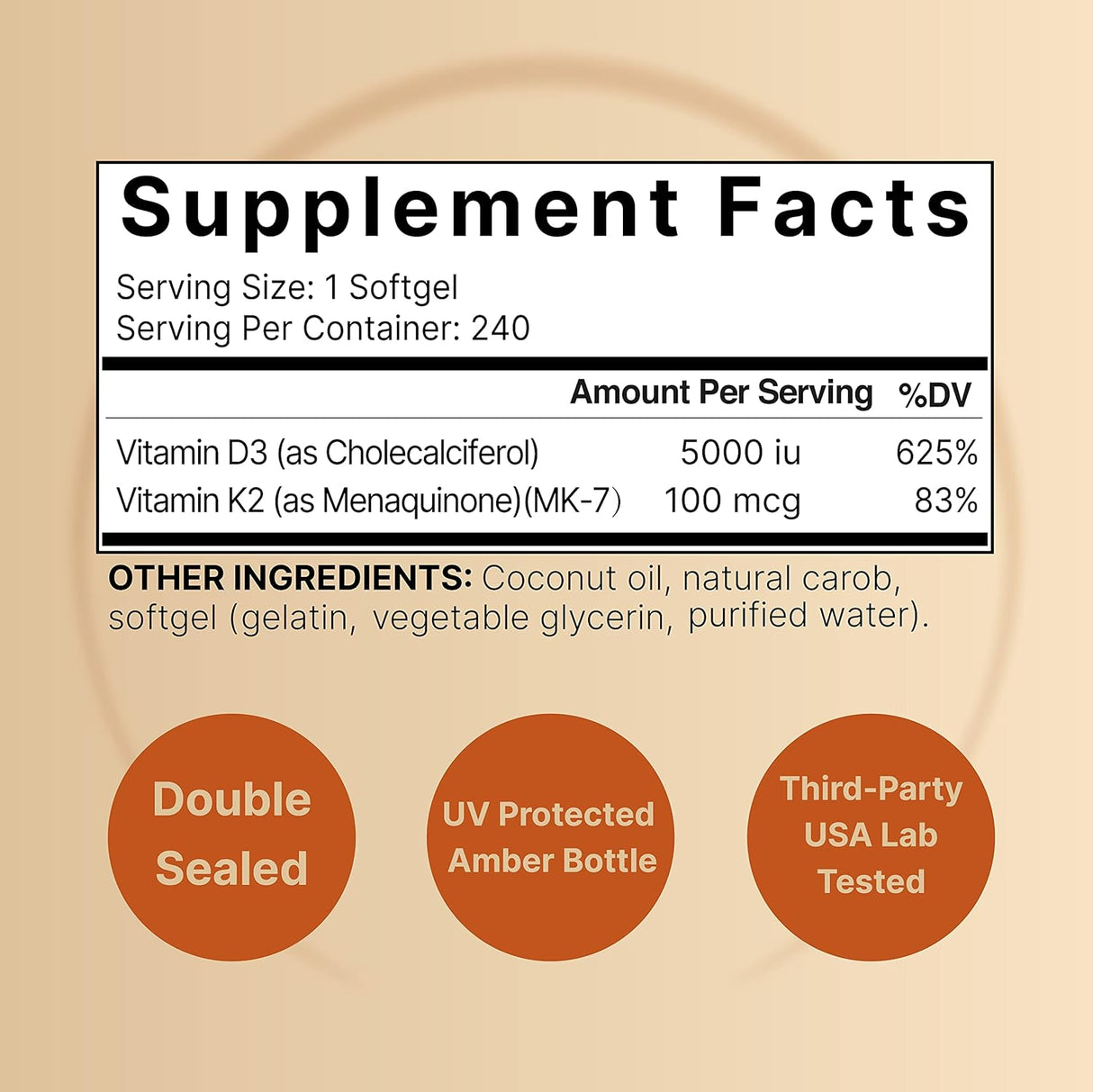 Vitamin D3 5000 K2 Virgin Coconut Oil NatureBell 240 Softgels